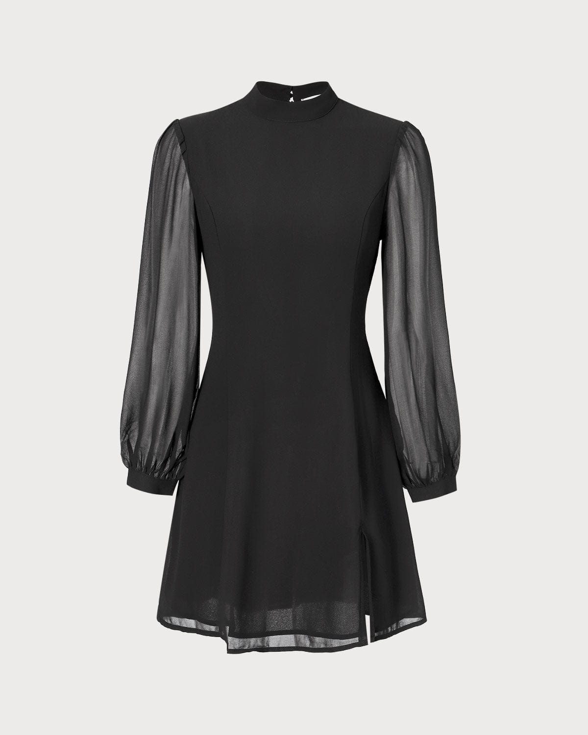 The Black Stand Collar Sheer Slit Mini Dress Outlet Online