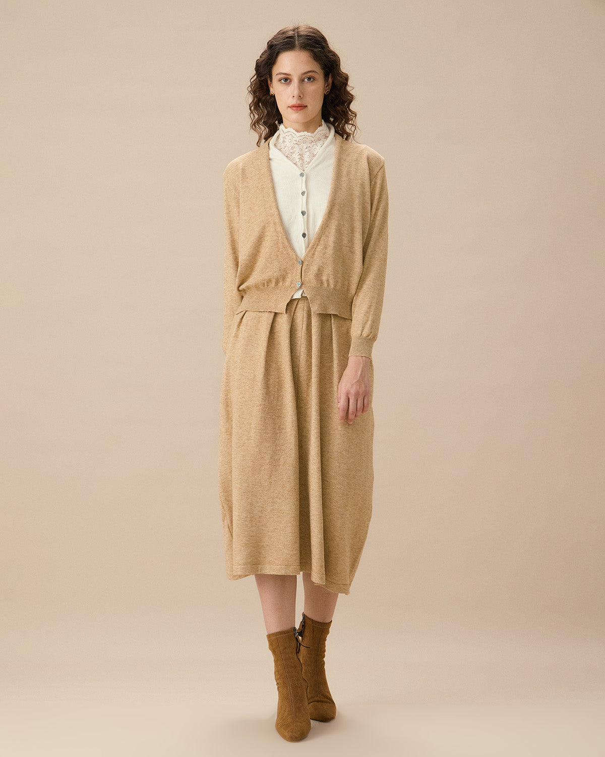 Camel V Neck Cardigan Skirt Set Outlet Online Shop