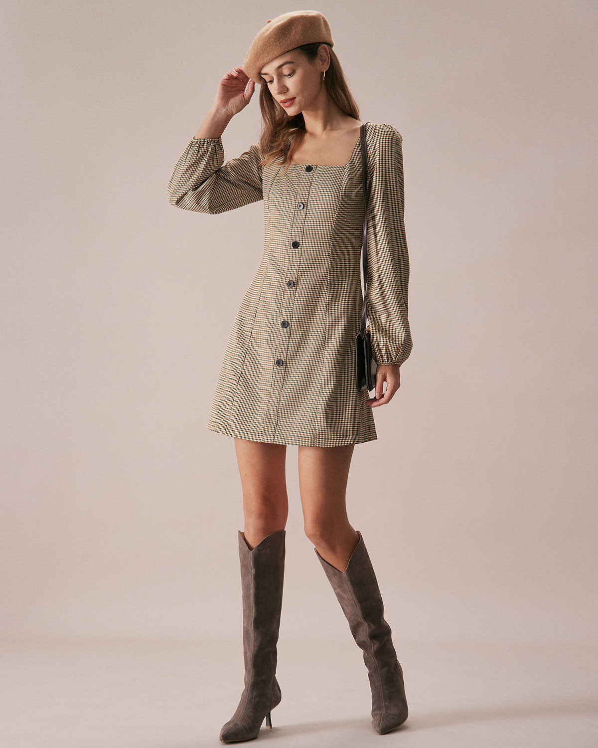 The Khaki Square Neck Plaid Button Mini Dress How Much Sale Online