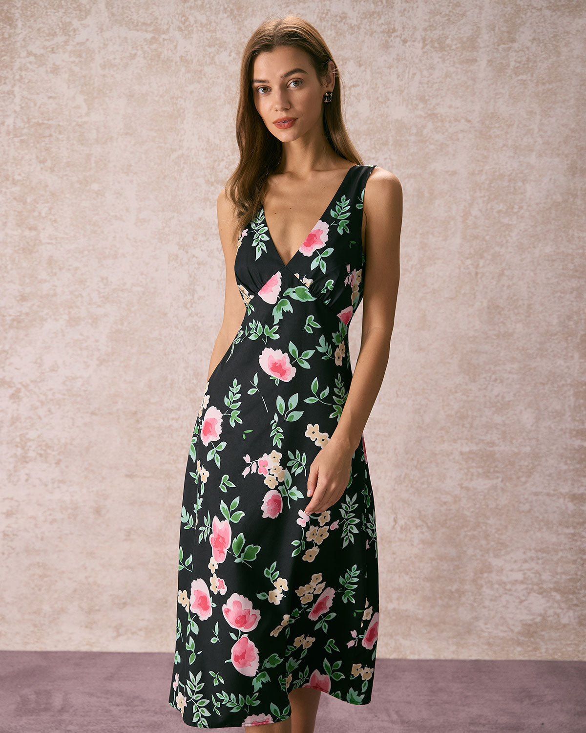 The Black V Neck Tie Back Floral Midi Dress Countdown Package Online