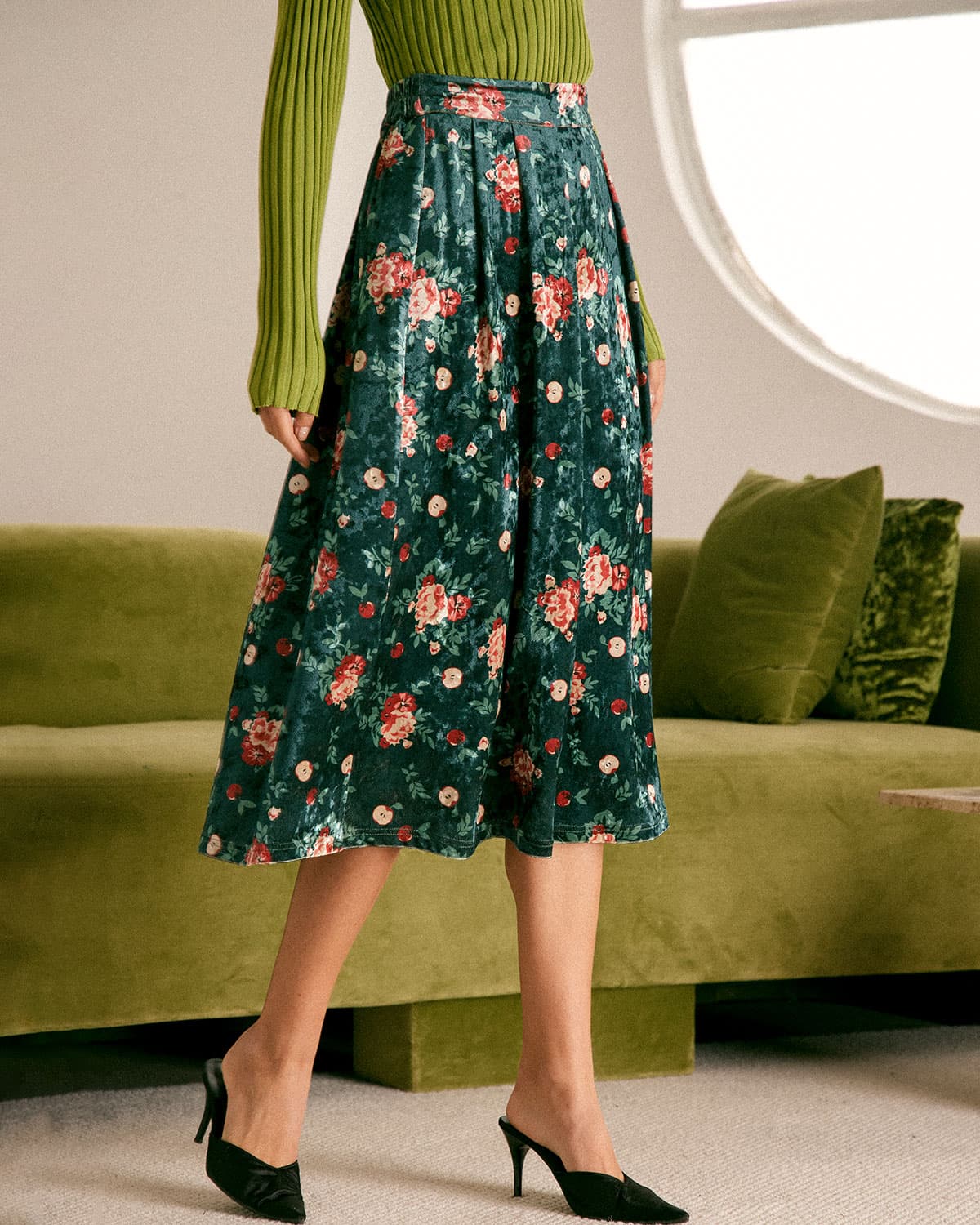 The Green Elastic Waist Floral Velvet Midi Skirt Free Shipping Sale Online