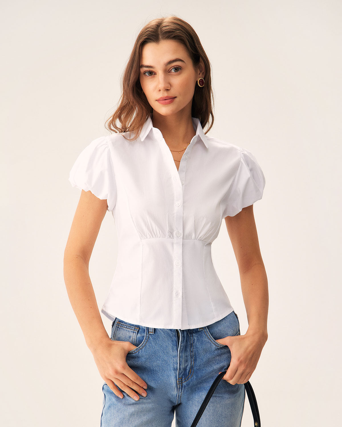 White Puffed Sleeve Slim Blouse Cheap Sale Outlet Store