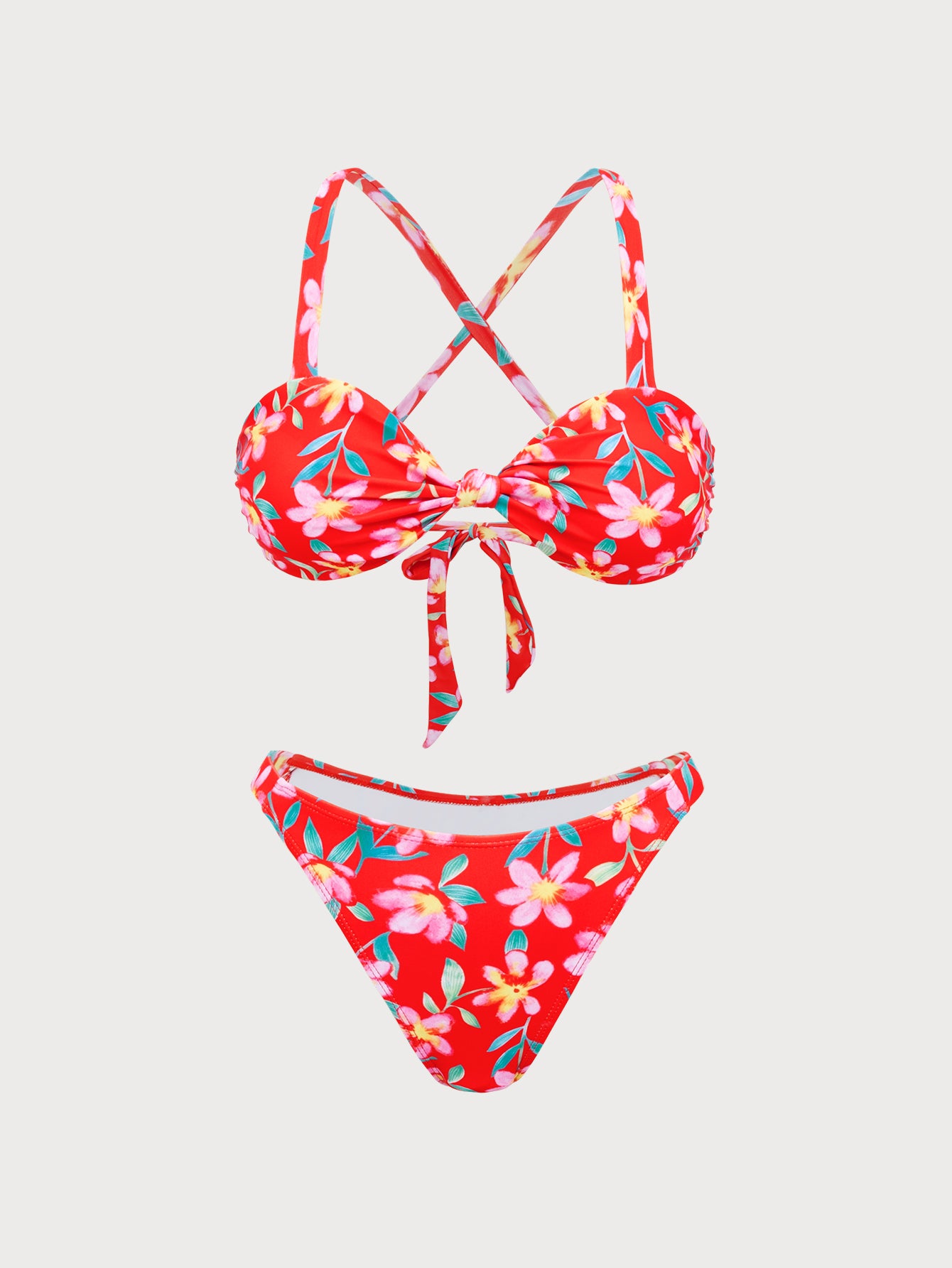 Red Floral Criss-Cross Bikini Set Latest Collections For Sale