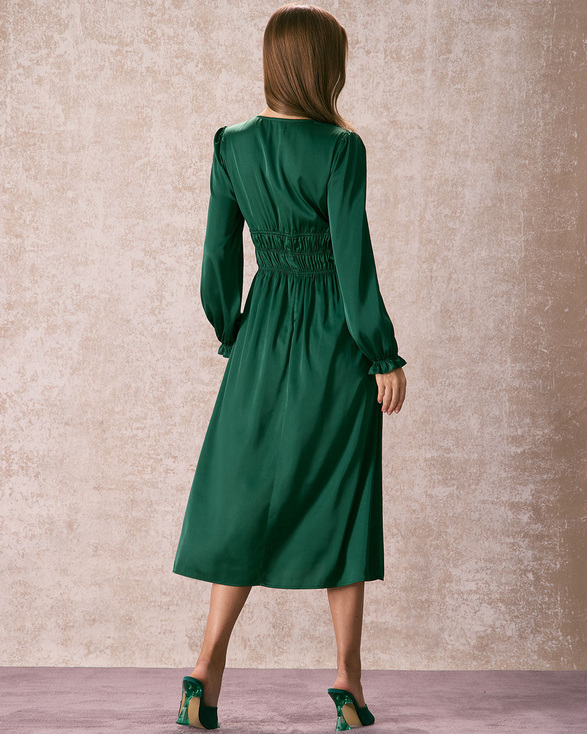 The Green V Neck Ruched Satin Midi Dress Outlet