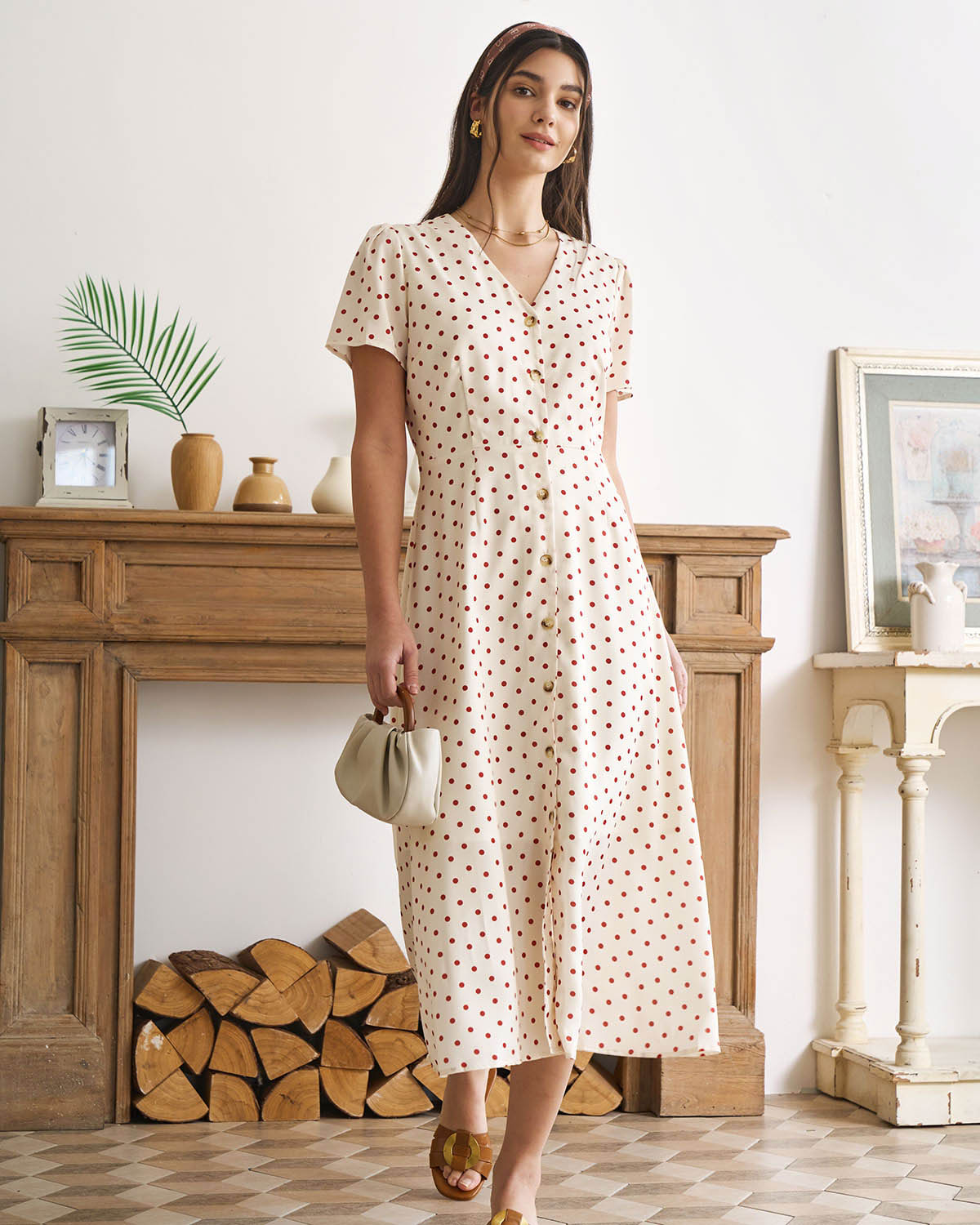 The Beige V Neck Polka Dot Button Midi Dress Buy Cheap Footlocker Finishline