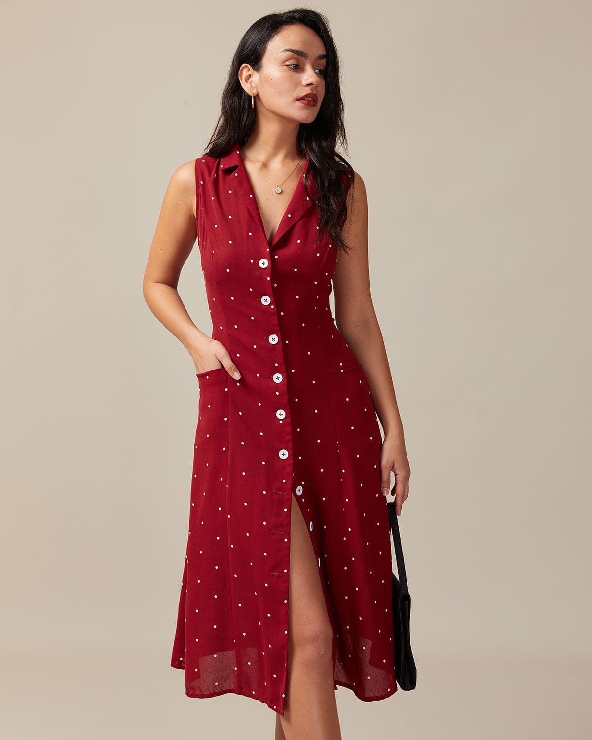 The Red V Neck Polka Dot Tie Back Midi Dress Clearance Sast