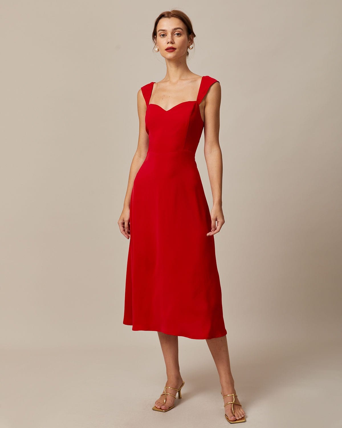 The Red Sweetheart Neck Cap Sleeve Midi Dress Inexpensive Sale Online