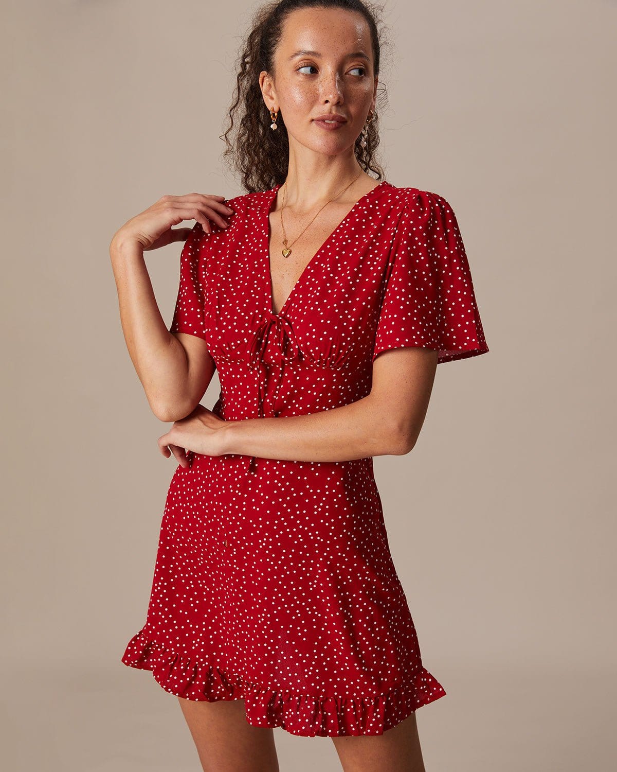 The Red V Neck Polka Dot Flounce Mini Dress With Paypal Free Shipping