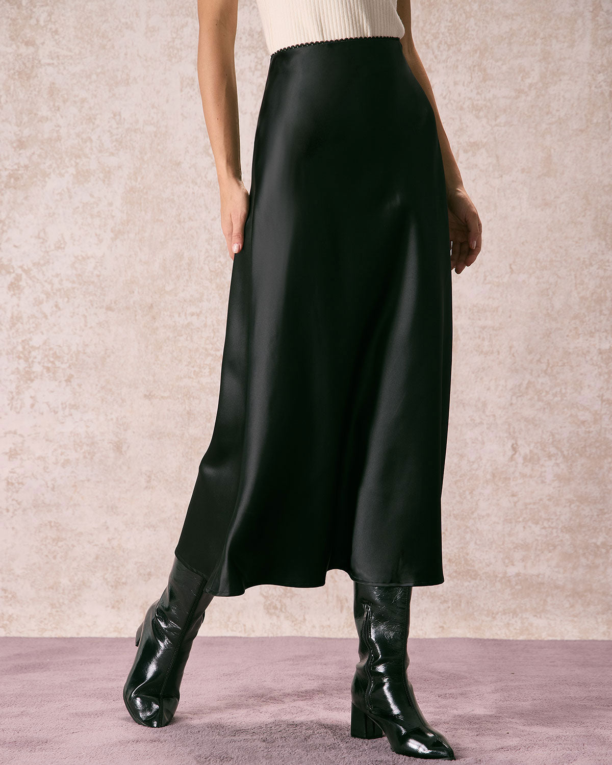 The Black Low Waisted Lace Satin Midi Skirt Discount Online Online