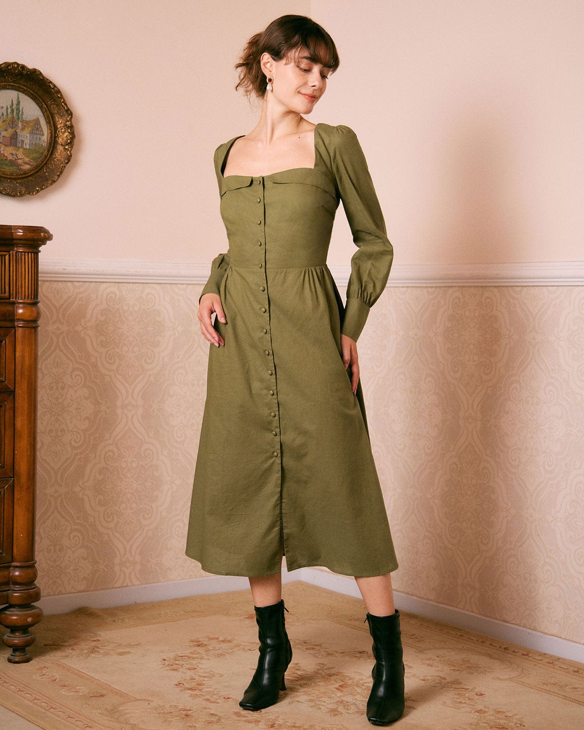 The Green Sweetheart Neck Button Midi Dress Cheap Sale Shop For