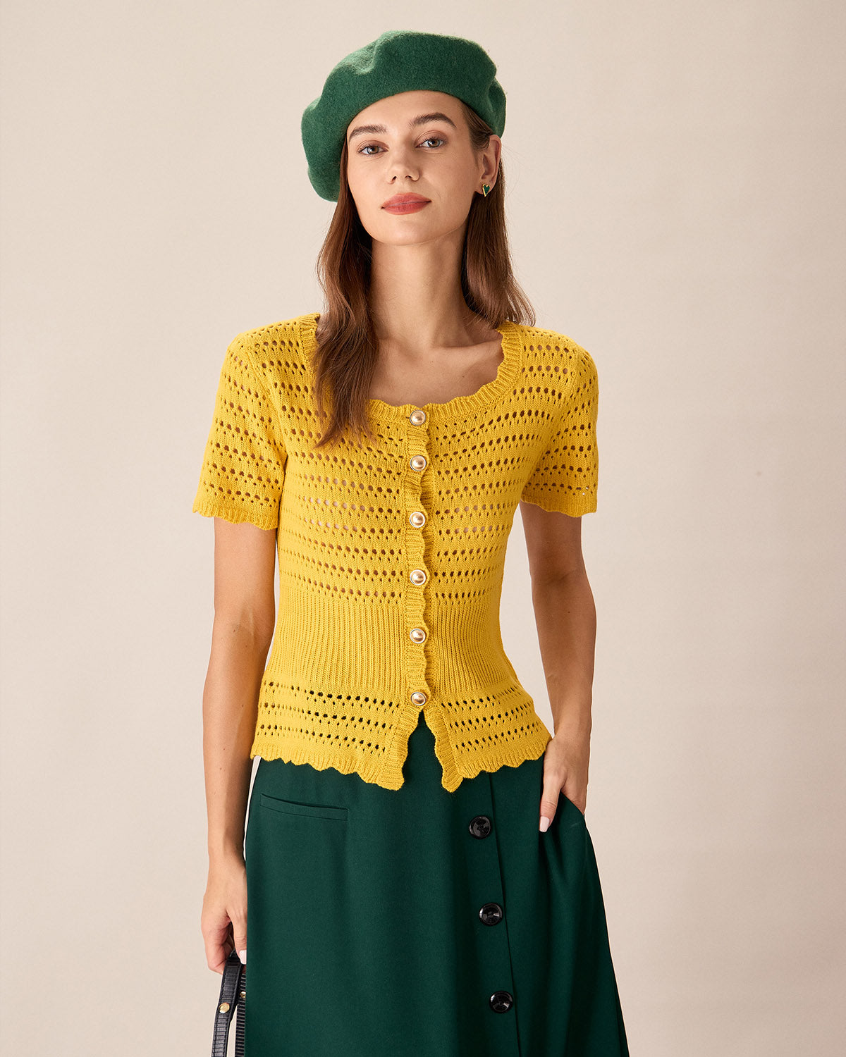 Yellow Crochet Single-Breasted Cardigan Cheap Sale Manchester