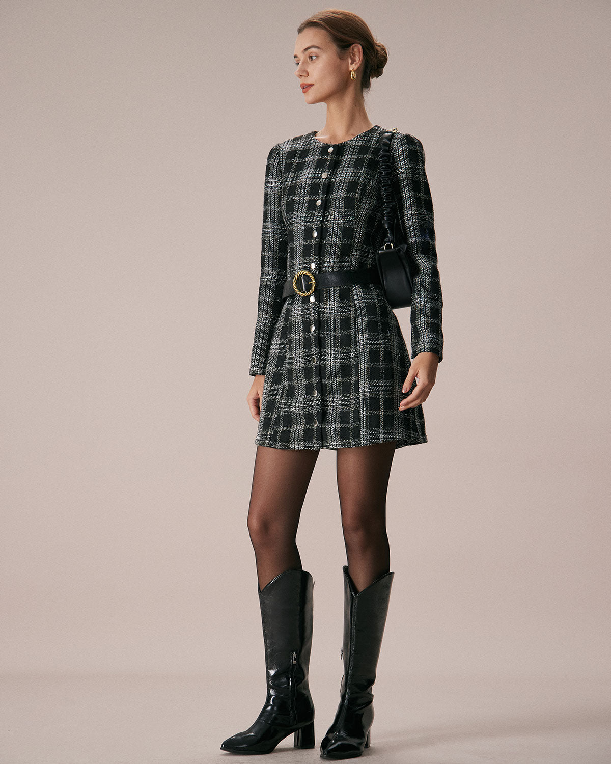 The Black Crew Neck Plaid A-Line Mini Dress Fashionable Cheap Pice