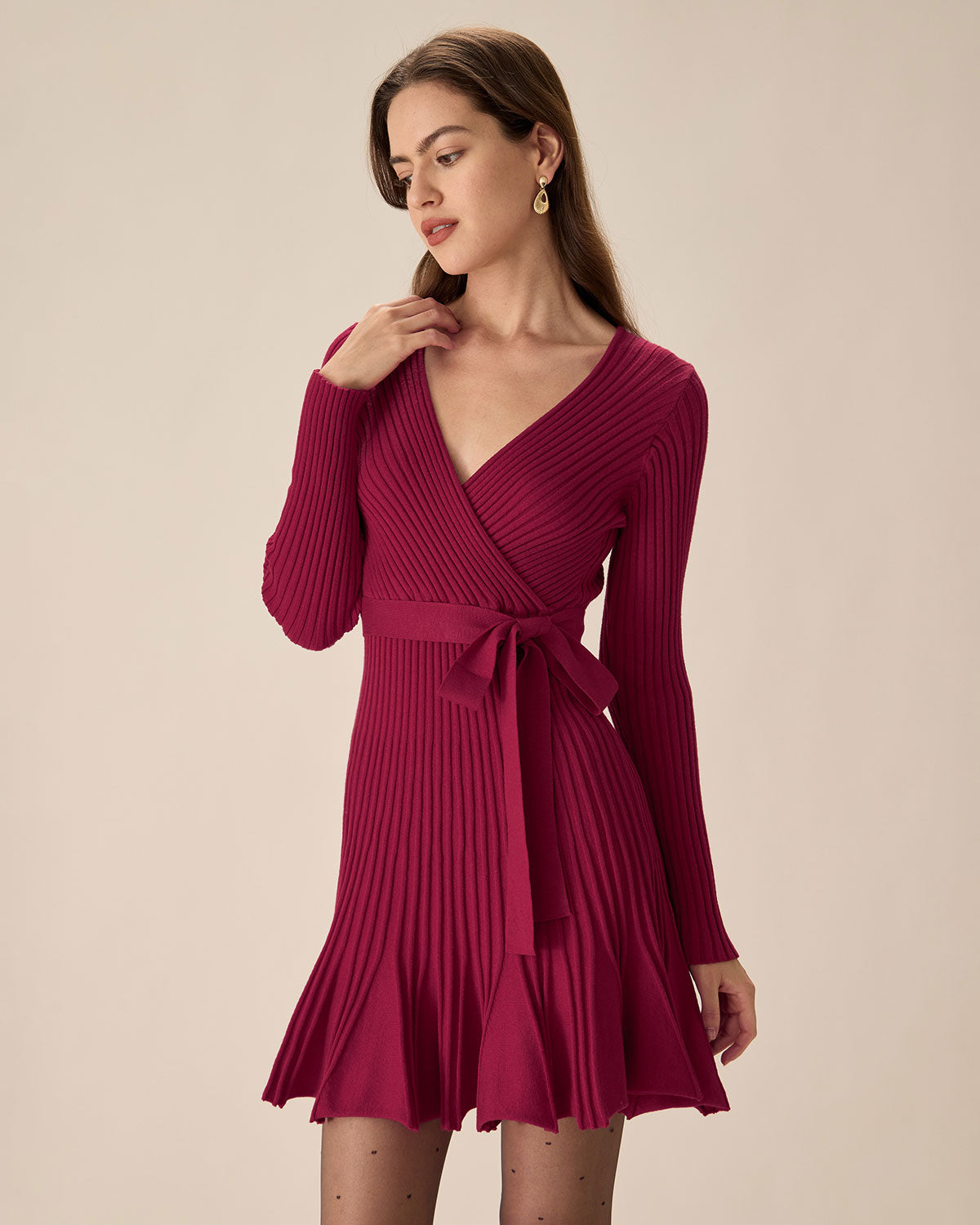 Wine Red Wrap Sweater Mini Dress Looking For Online