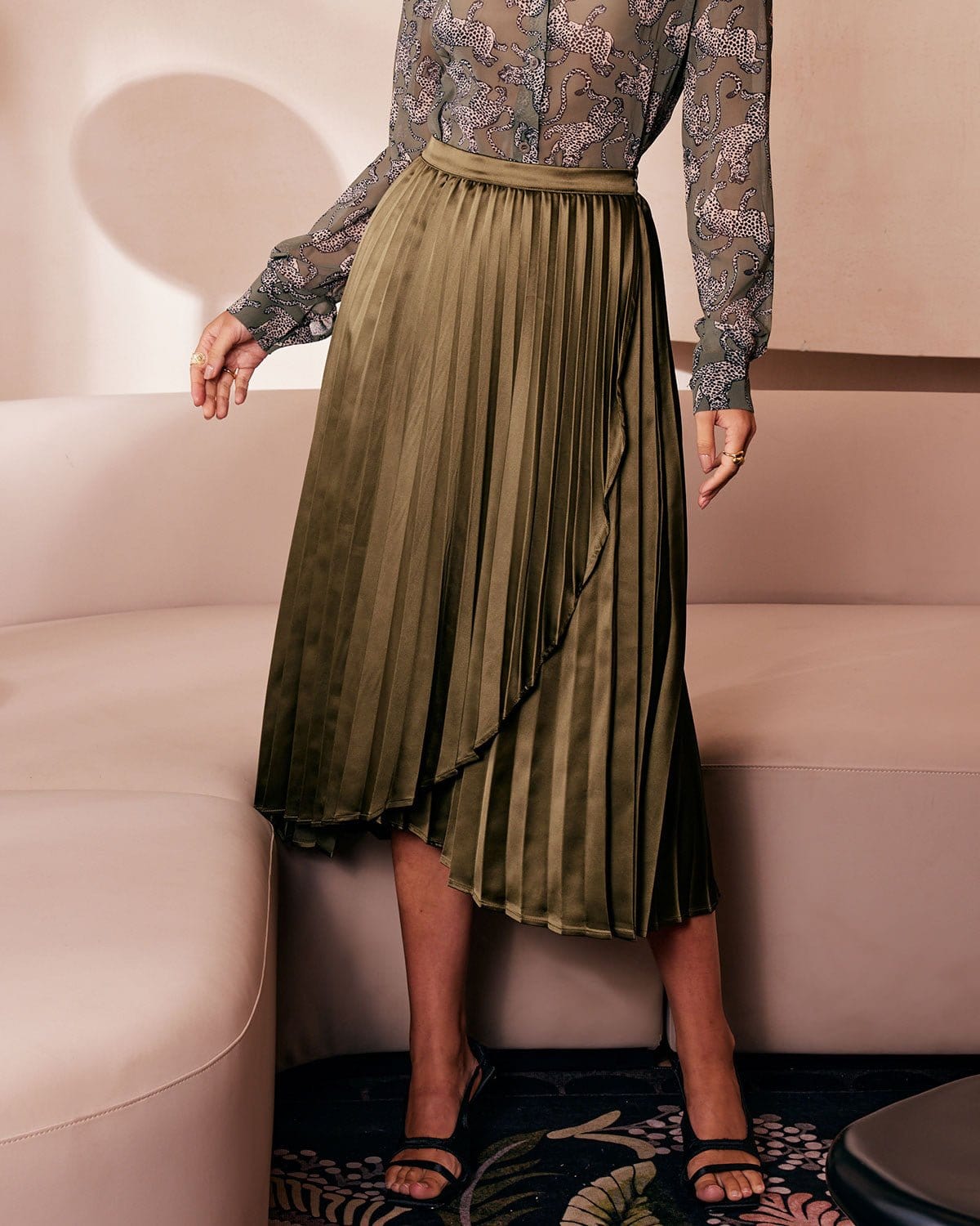 The Green Pleated Tulip Hem Satin Midi Skirt Discount Best Sale