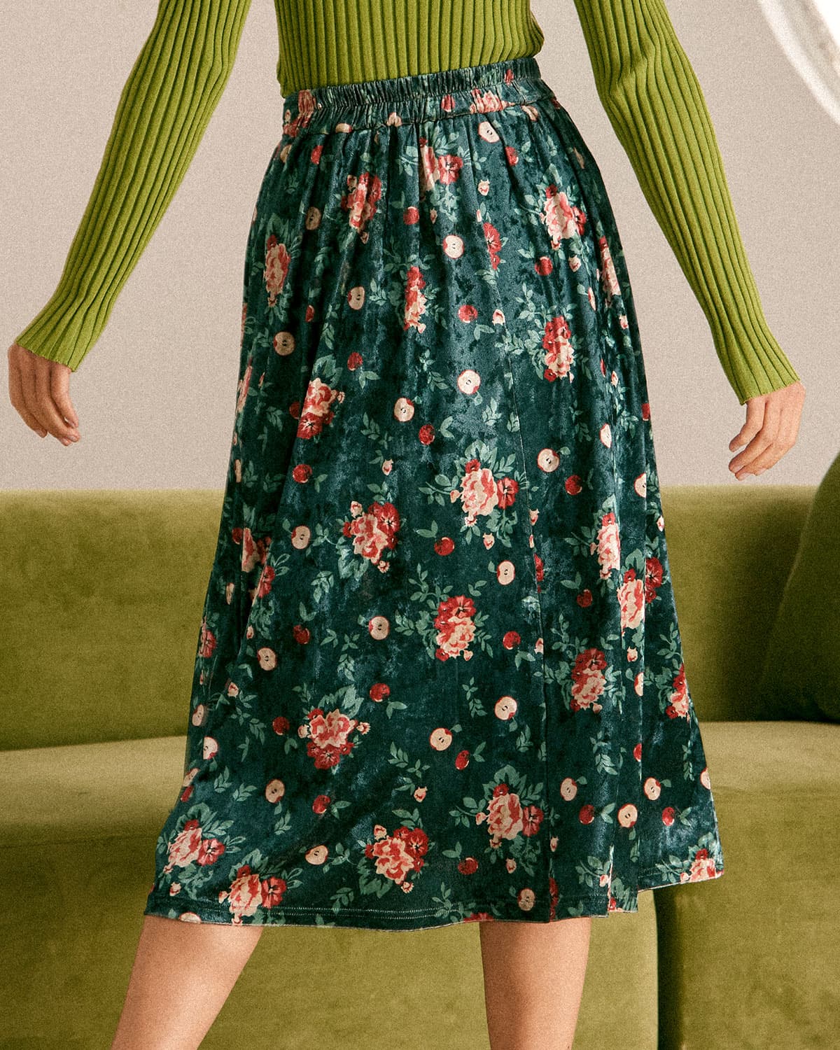 The Green Elastic Waist Floral Velvet Midi Skirt Free Shipping Sale Online