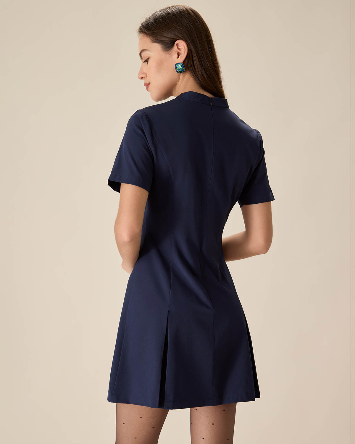 Blue Mock Neck Pleated Mini Dress Cheap Sale Outlet