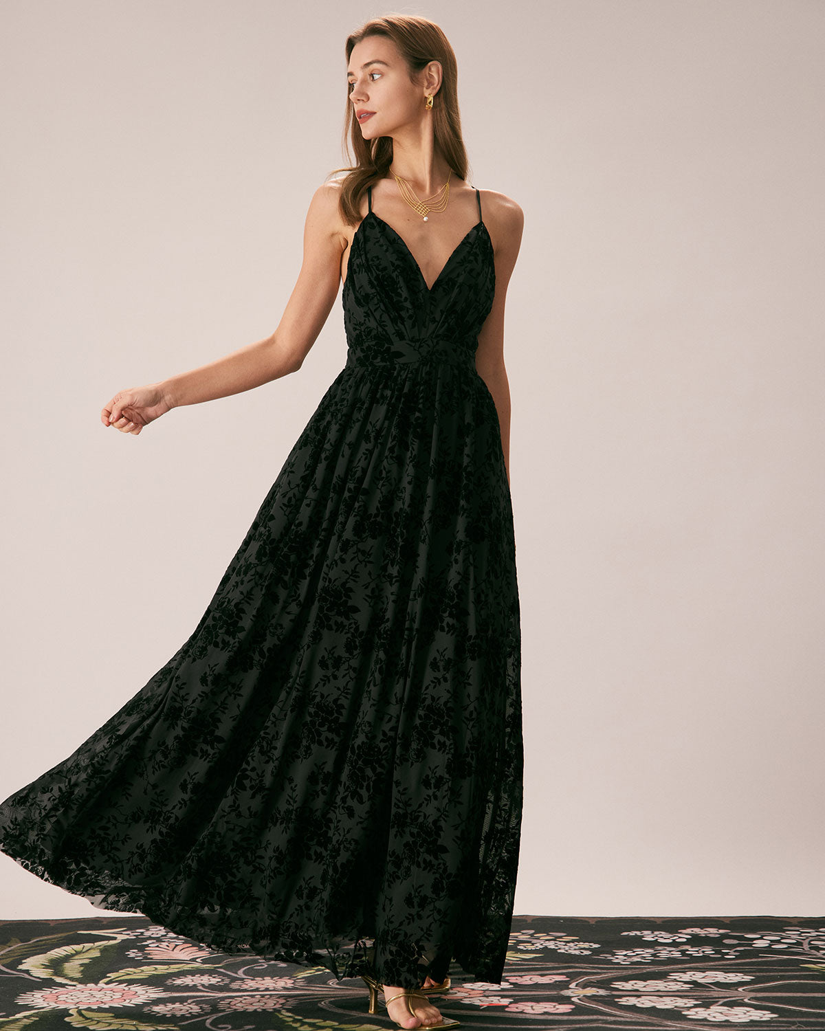 The Black Floral Flocked Mesh Slit Maxi Dress Where To Buy Low Pice