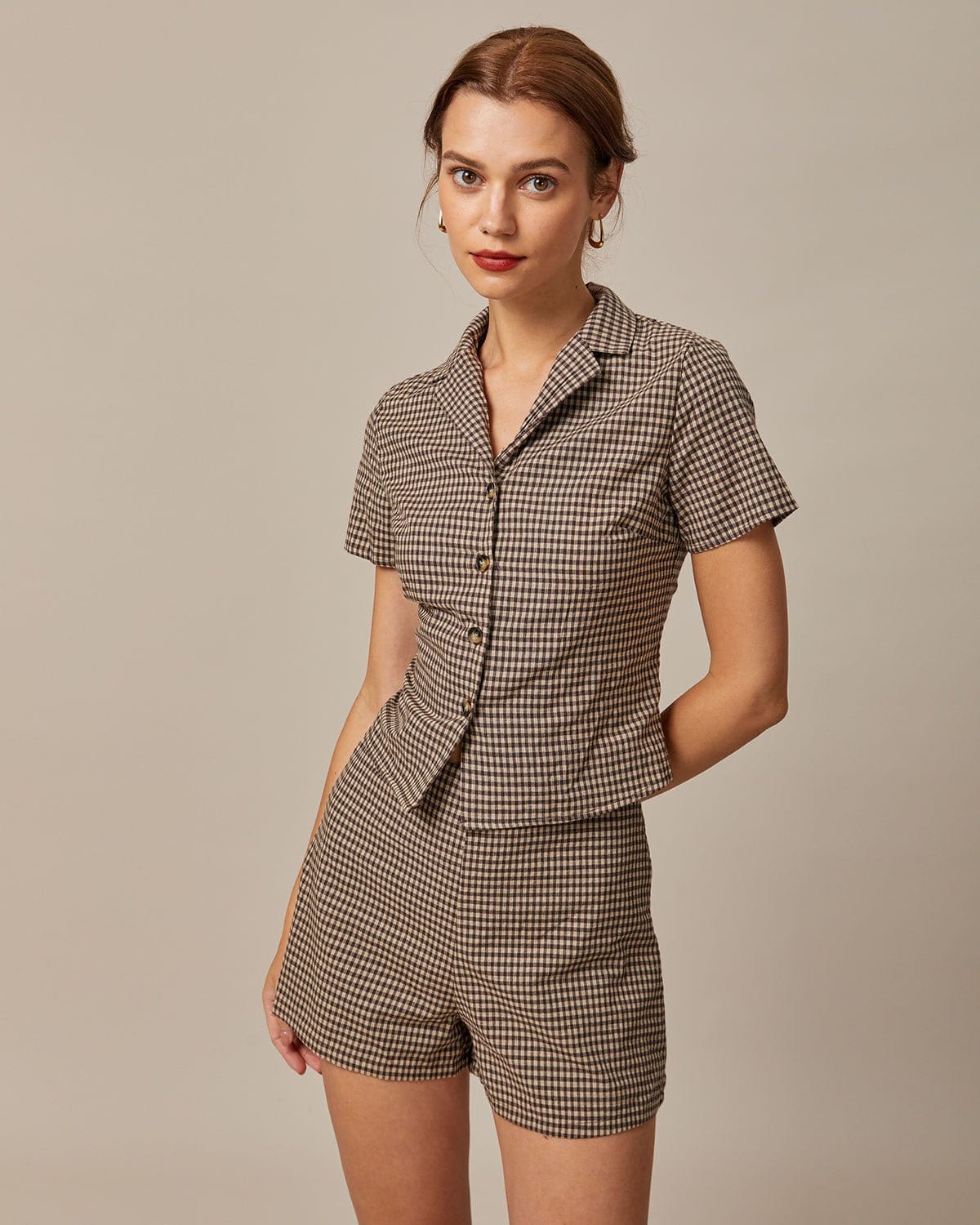 The Brown Lapel Plaid Short Sleeve Blouse Discount Free Shipping