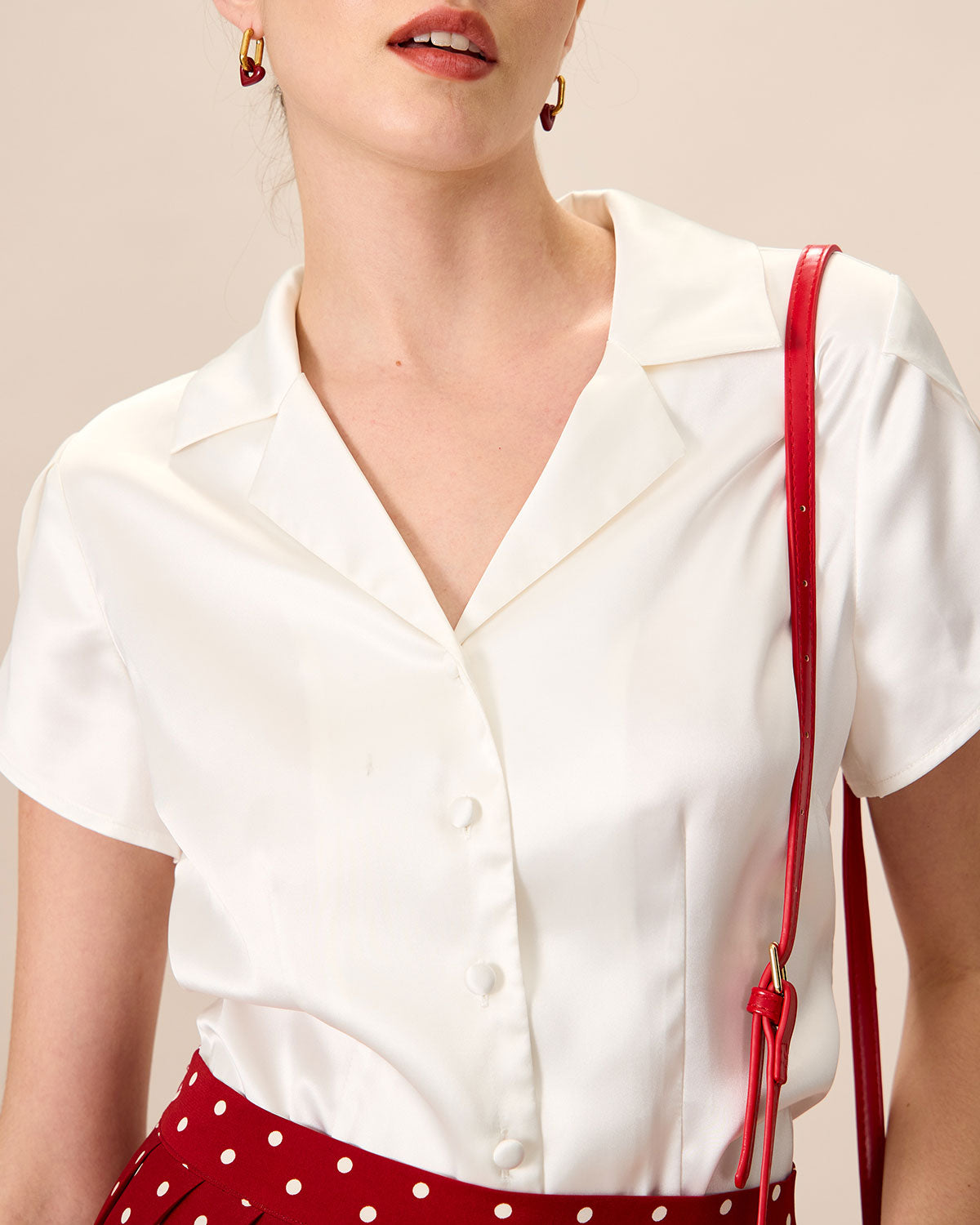 Women's White Lapel Satin Blouse