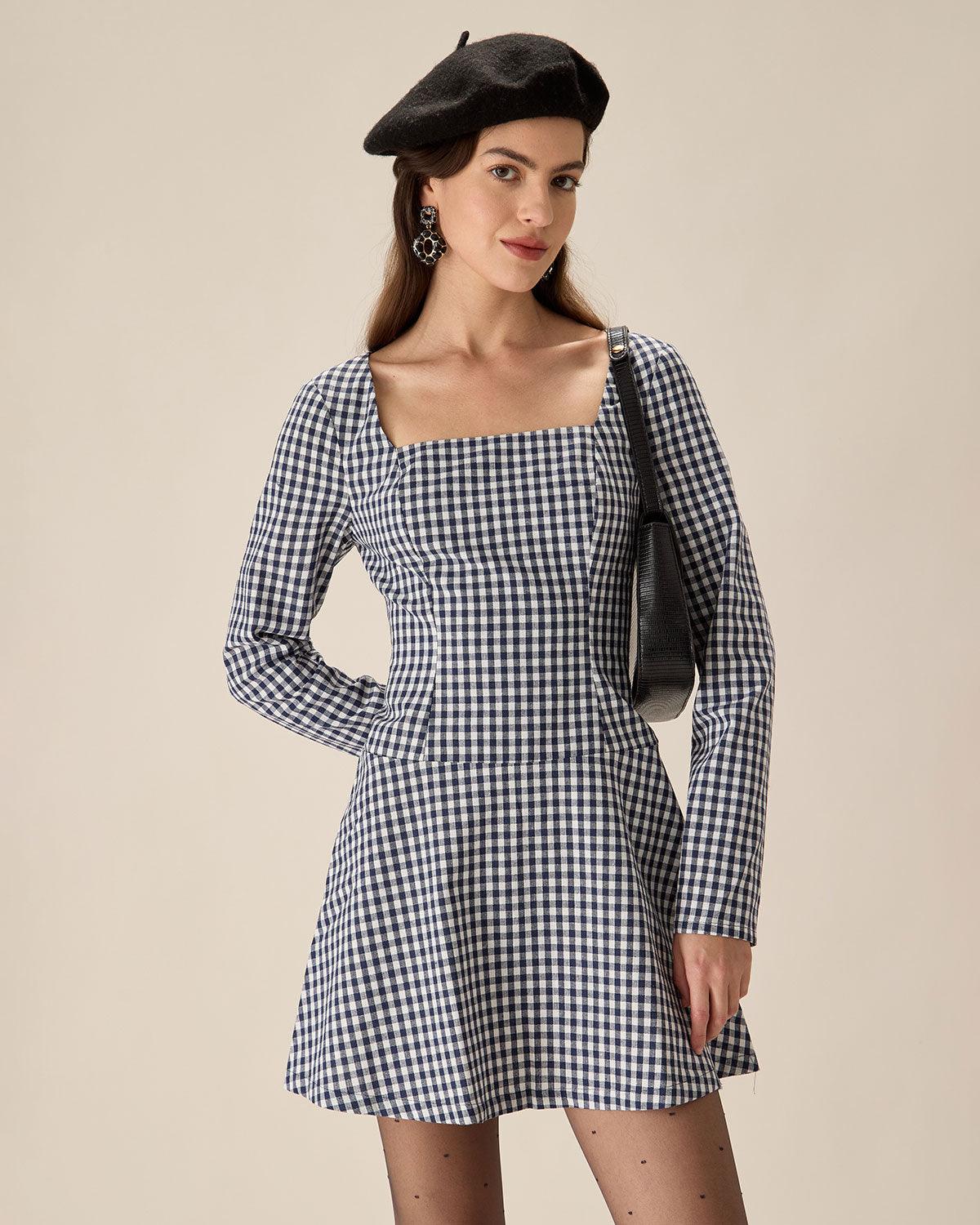 Navy Square Neck Plaid Mini Dress Online Online Outlet Sale