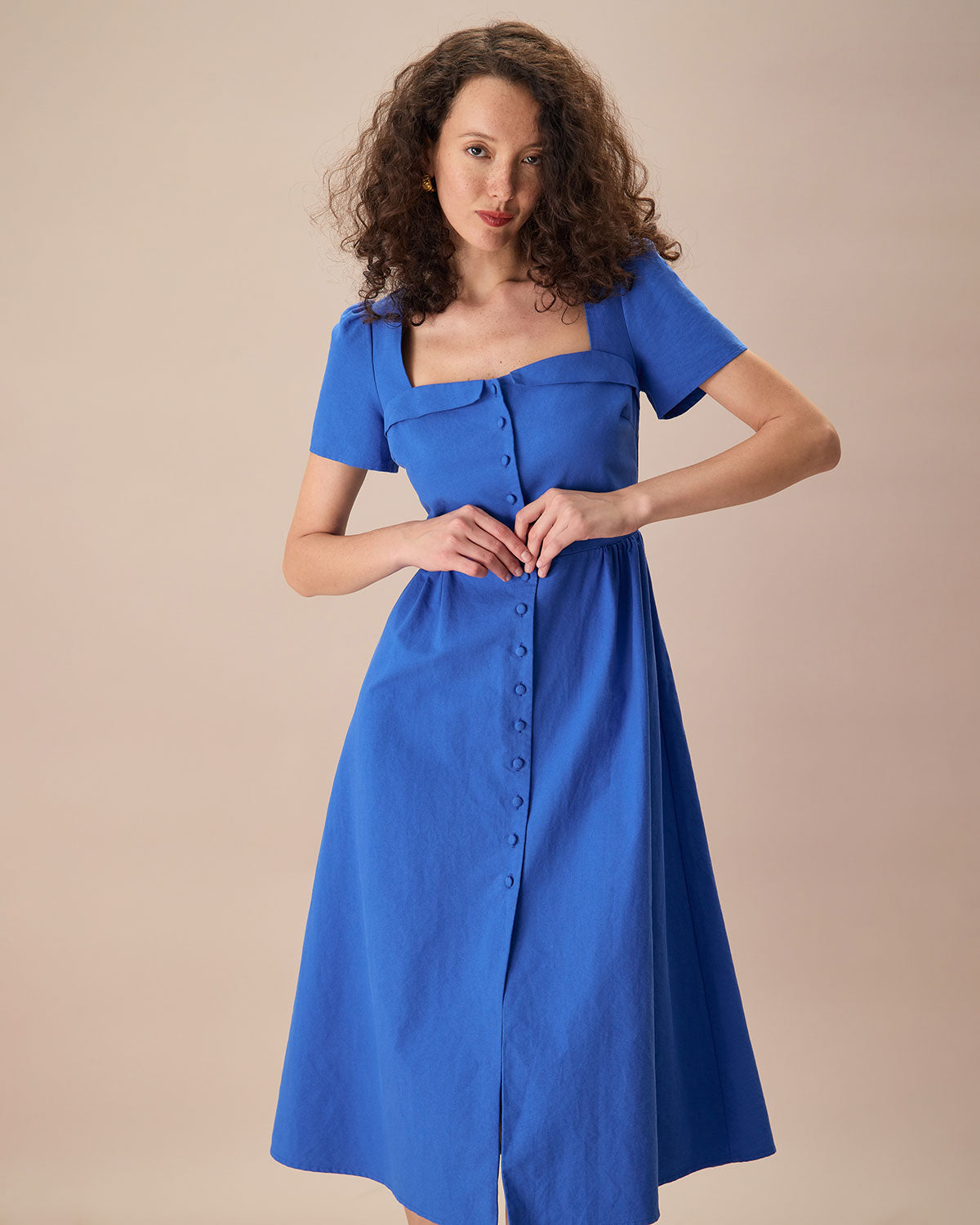 The Blue Sweetheart Neck Button Midi Dress Get To Buy