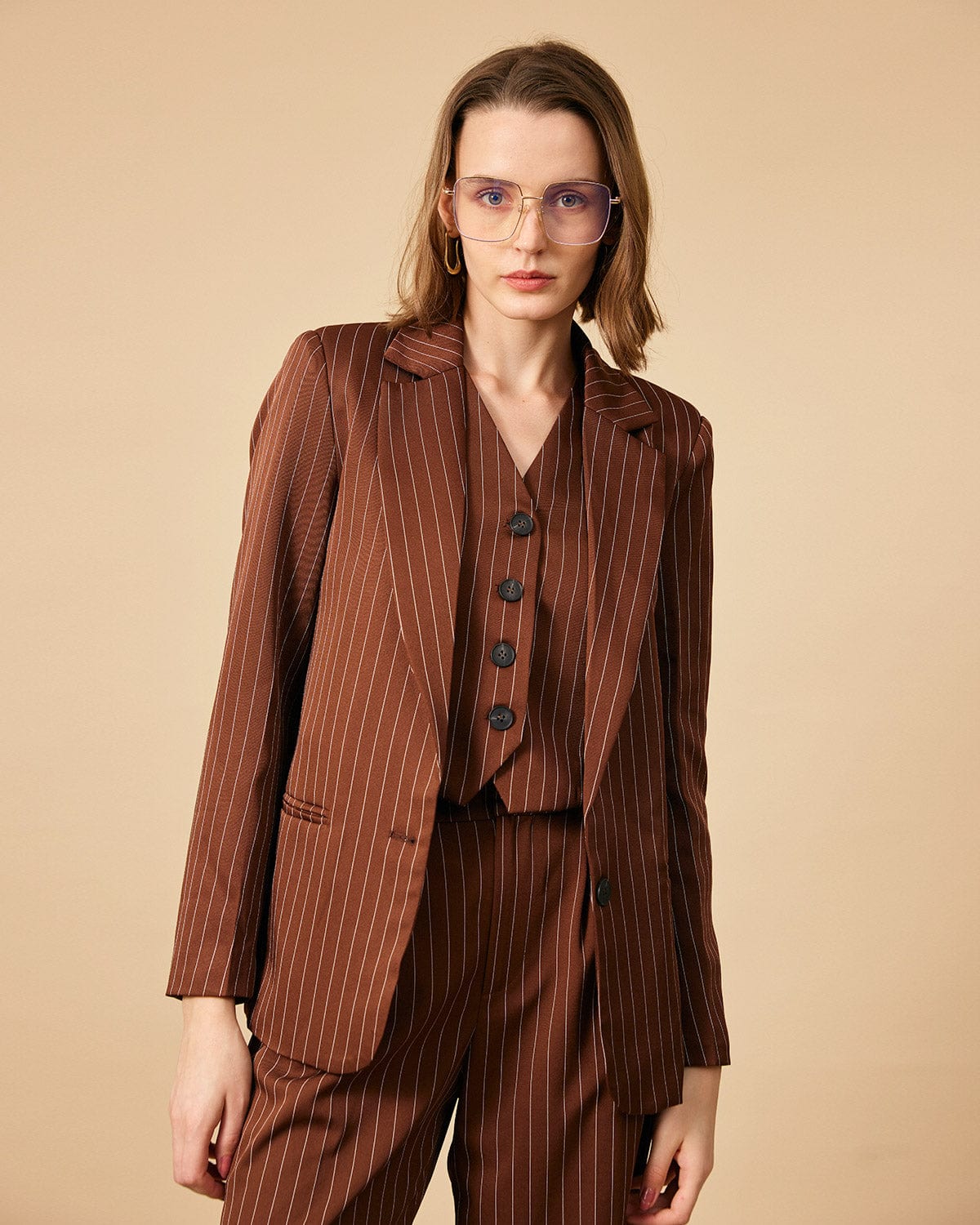 The Brown Striped One Button Collared Blazer Sale 100% Original