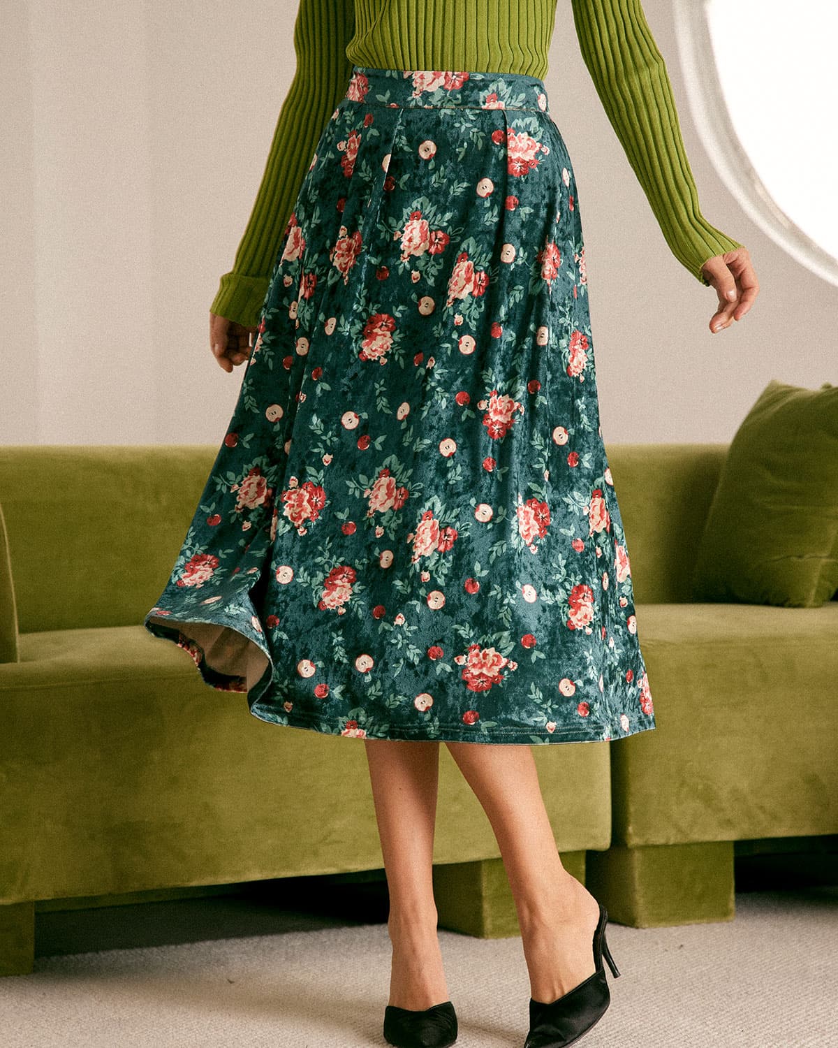 The Green Elastic Waist Floral Velvet Midi Skirt Free Shipping Sale Online