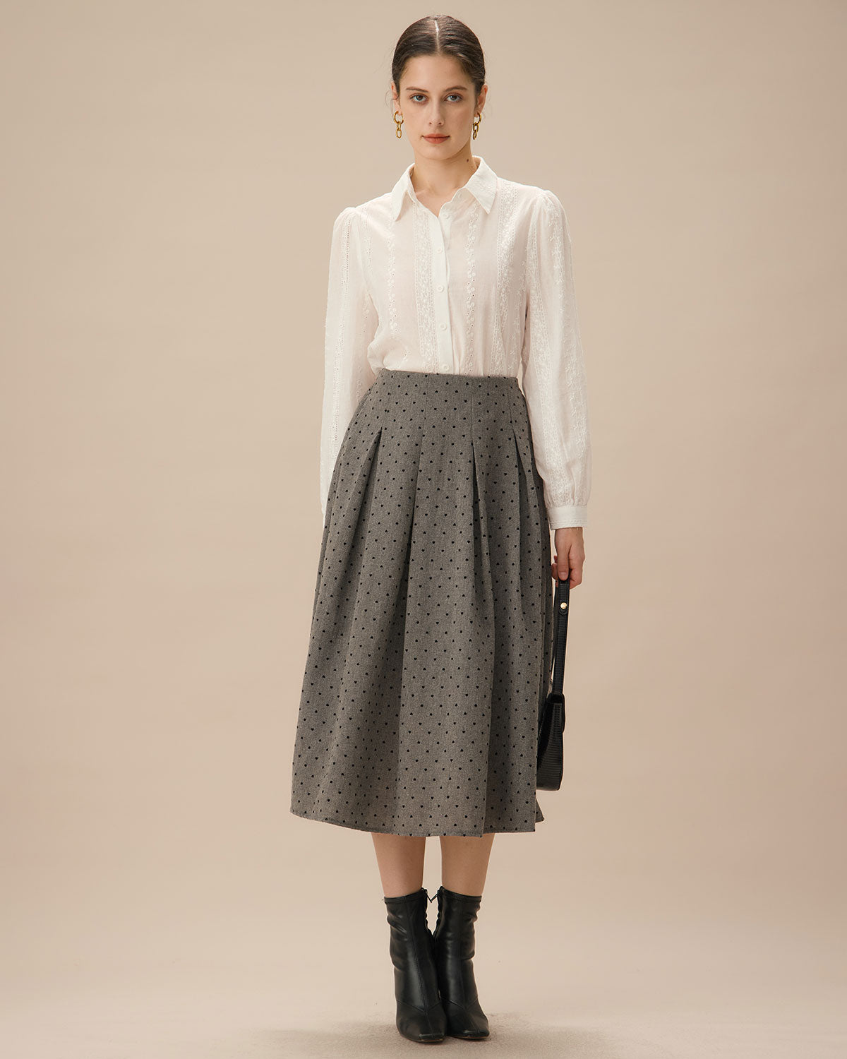 Grey Polka Dot Pleated Midi Skirt Buy Cheap Shop