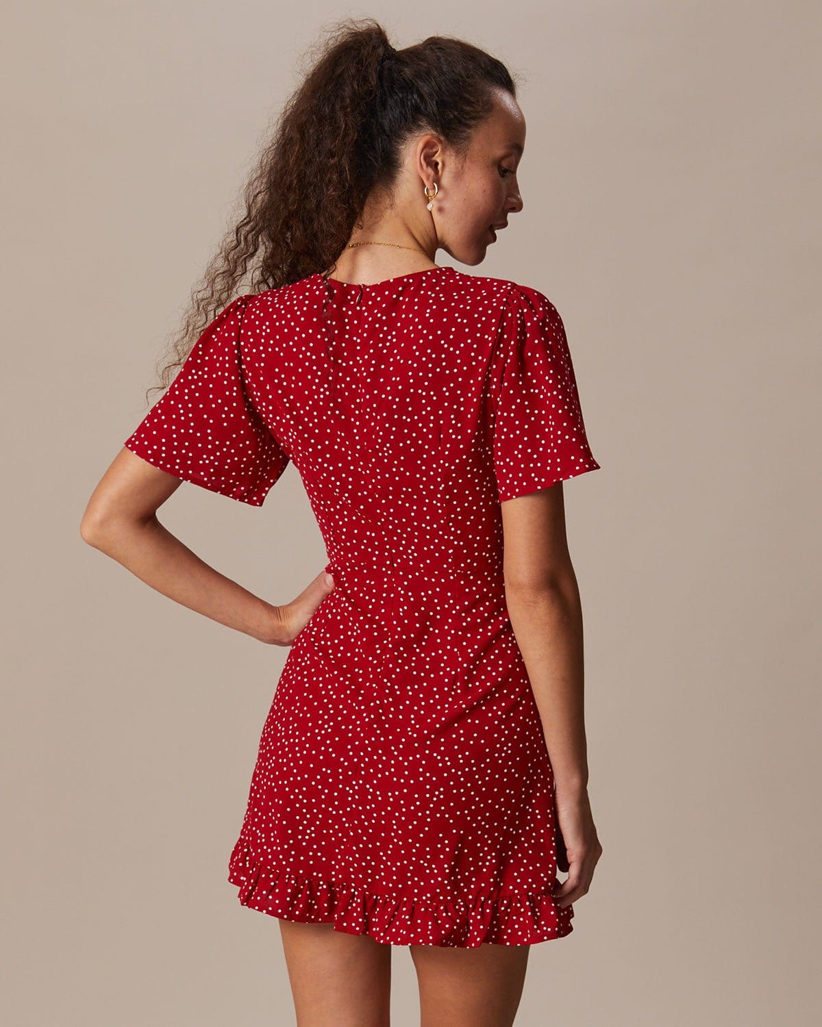 The Red V Neck Polka Dot Flounce Mini Dress With Paypal Free Shipping