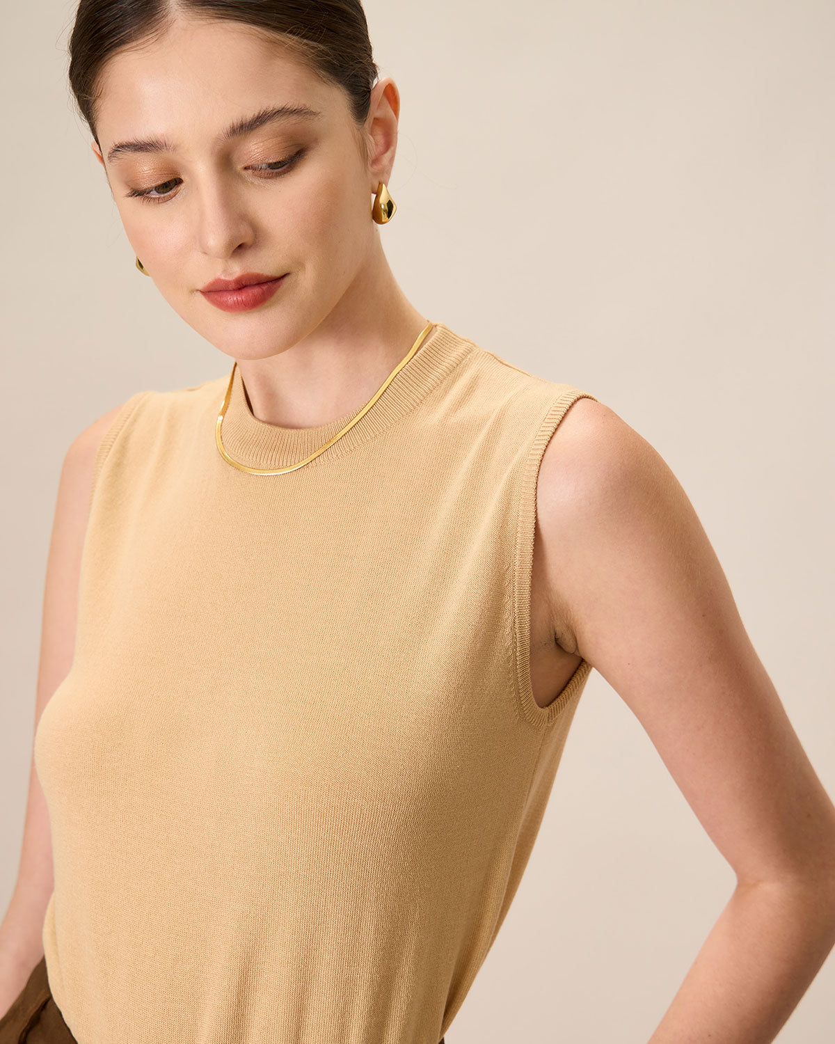 Women's Khaki Crew Neck Ribbed Tencel Tanks