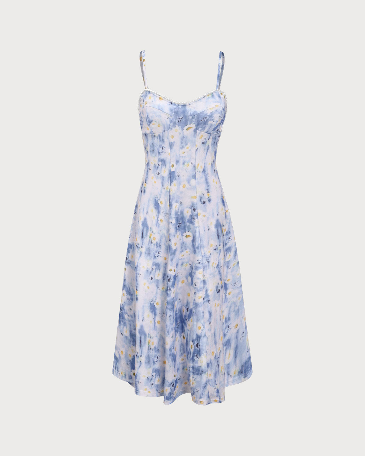 Blue Floral Sweetheart Neck Midi Dress Very Cheap Pice