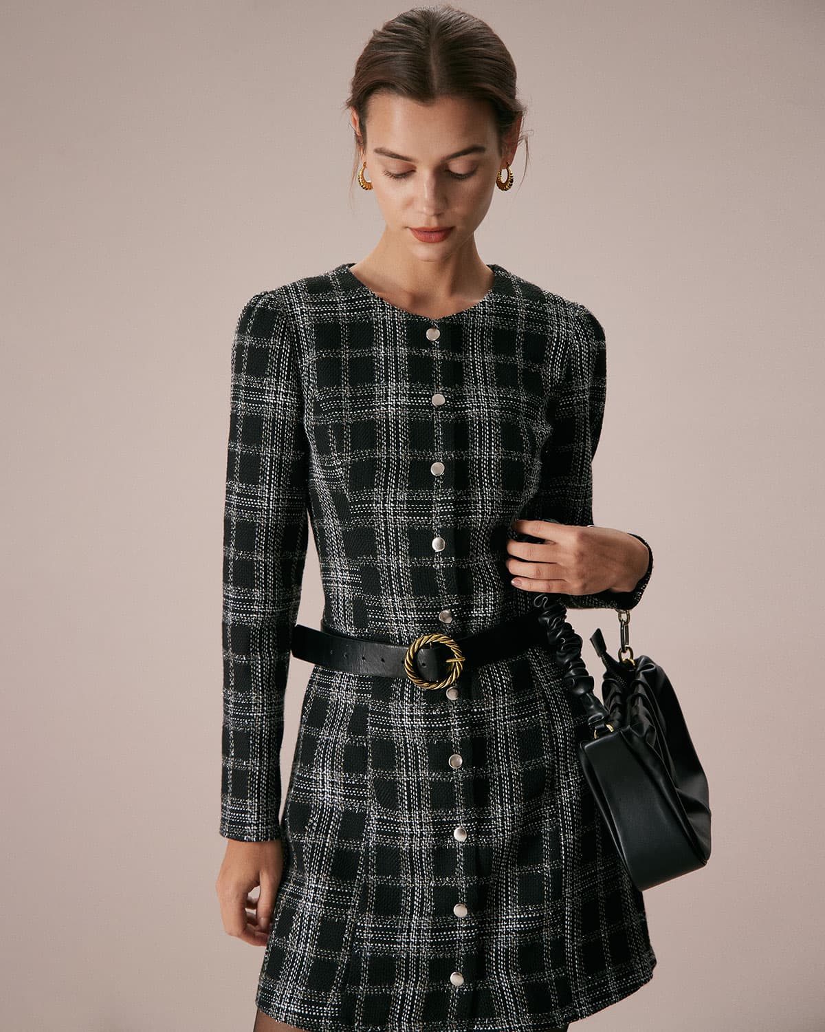 The Black Crew Neck Plaid A-Line Mini Dress Fashionable Cheap Pice