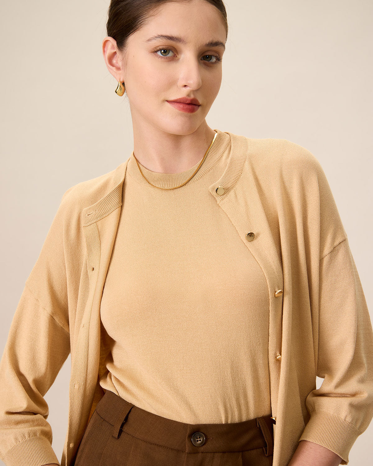 Women's Khaki Crew Neck Ribbed Tencel Cardigan