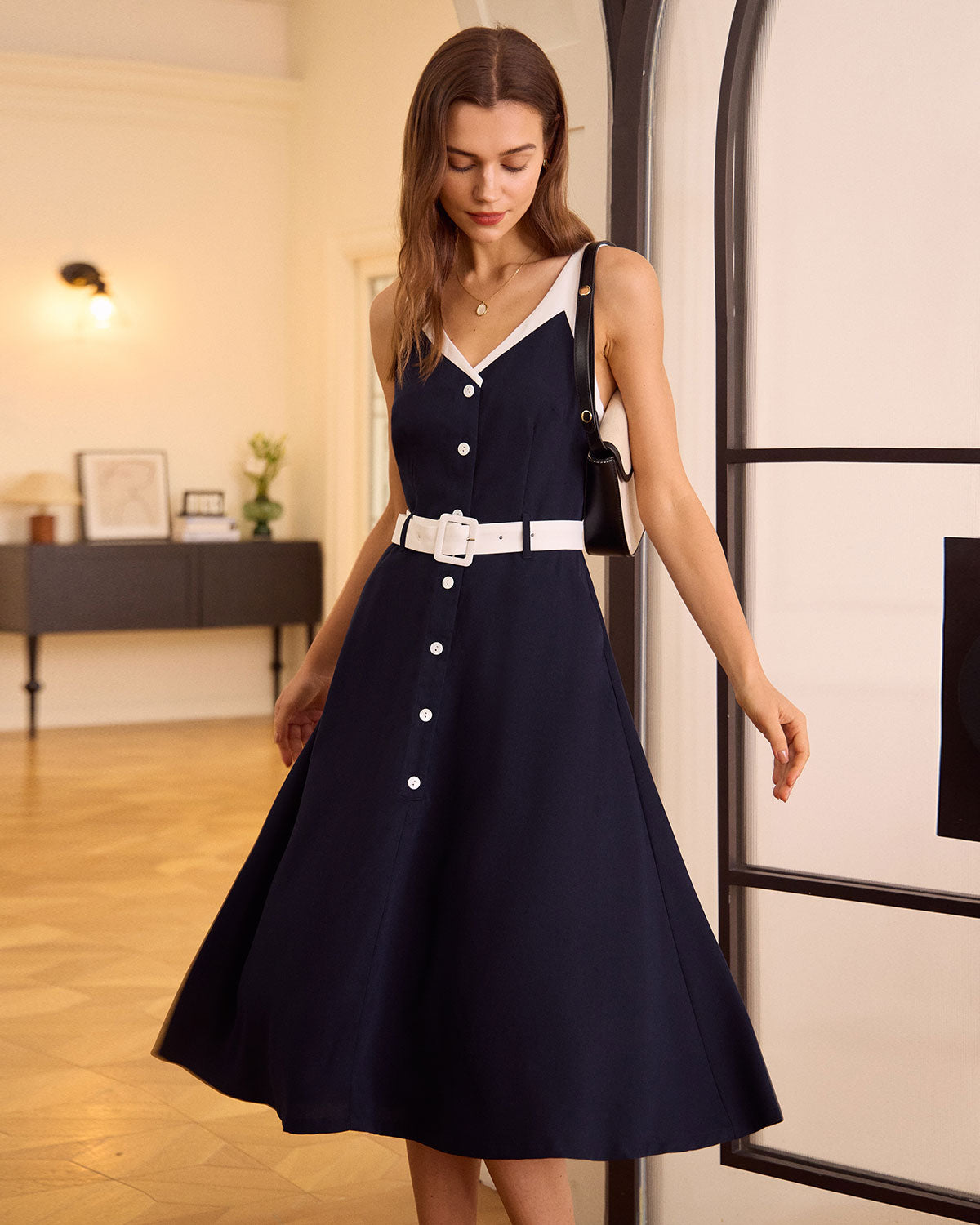 The Navy V Neck Colorblock Belted Midi Dress Buy Cheap Big Sale