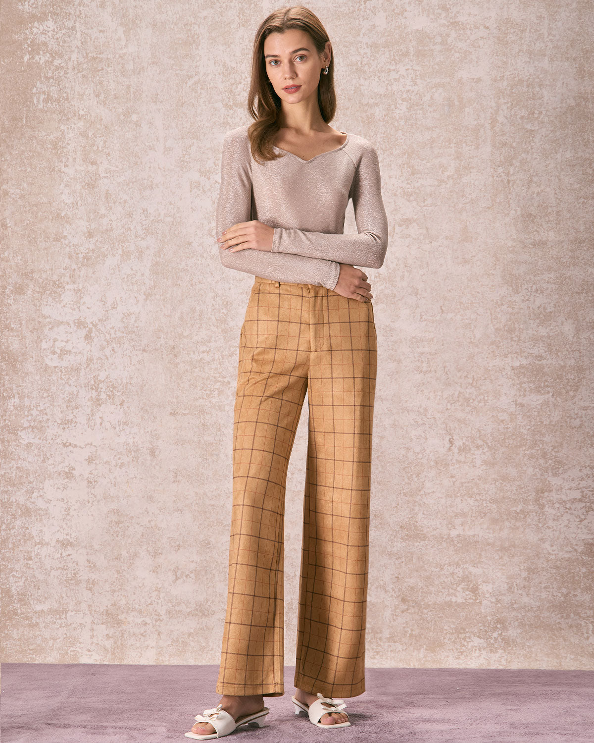 The Khaki High Waisted Plaid Wide Leg Pants Cheap Best Pices