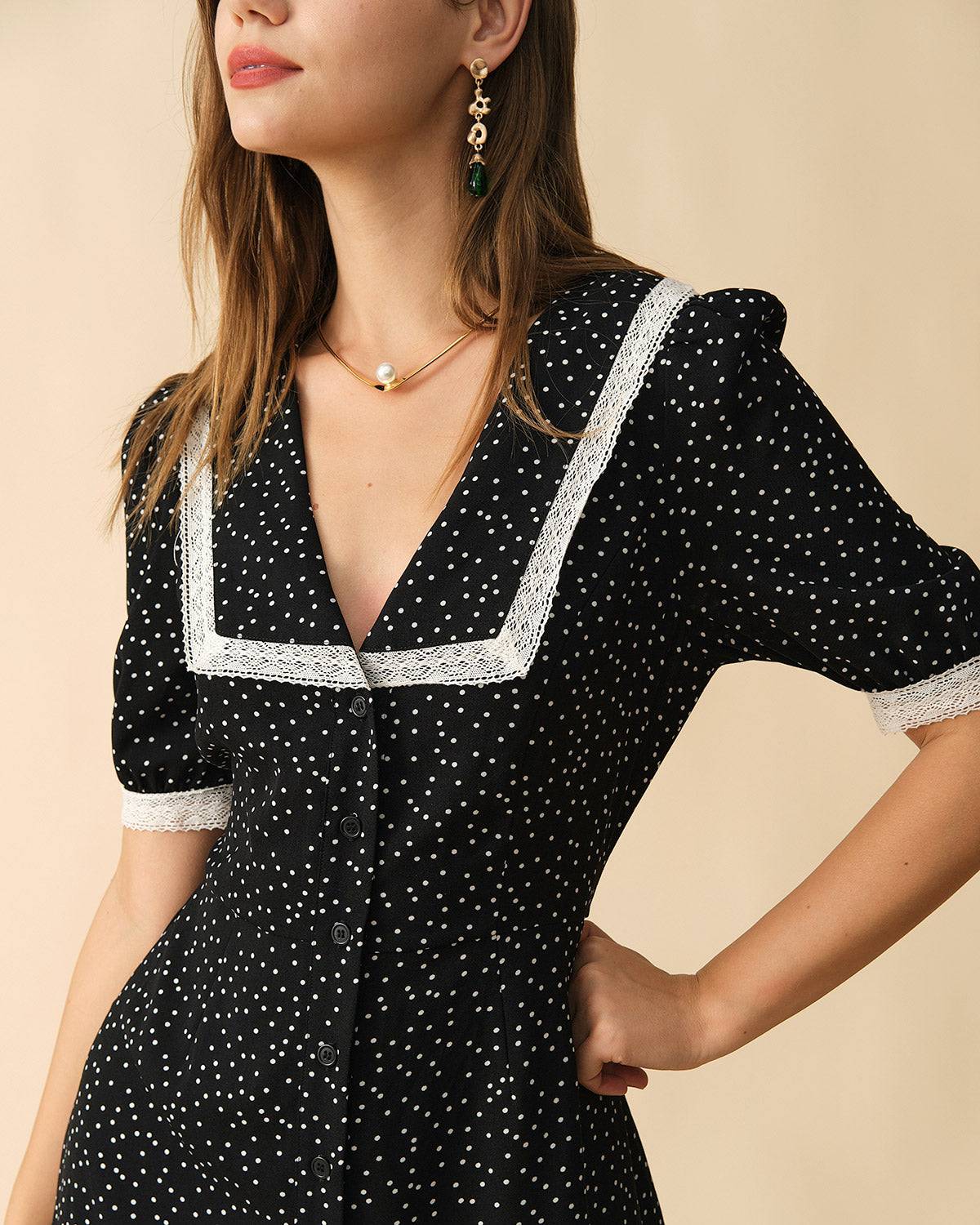 The Polka Dot Lace Trim Midi Dress Free Shipping Exclusive