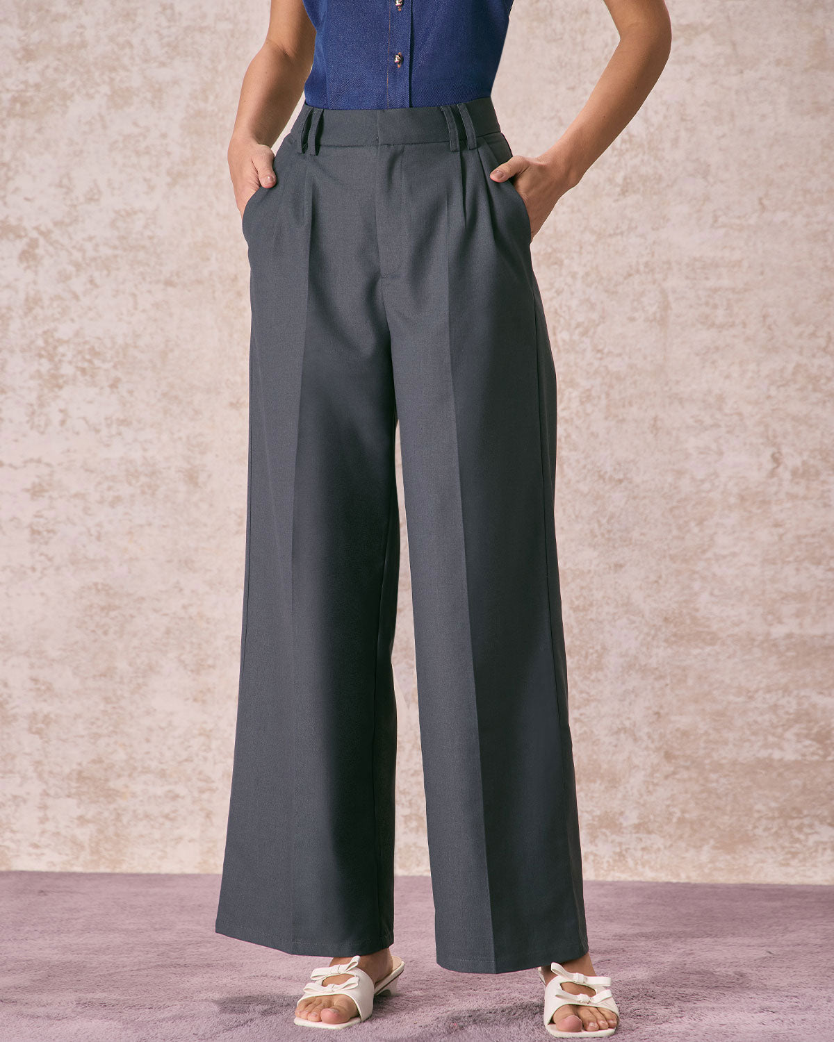 The Grey High Waisted Pleated Straight Pants Pices Cheap Pice