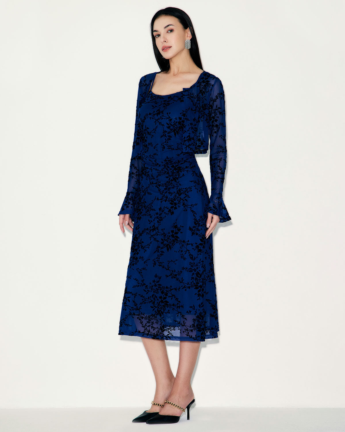 Blue Floral Mesh Slip Midi Dress Websites Online