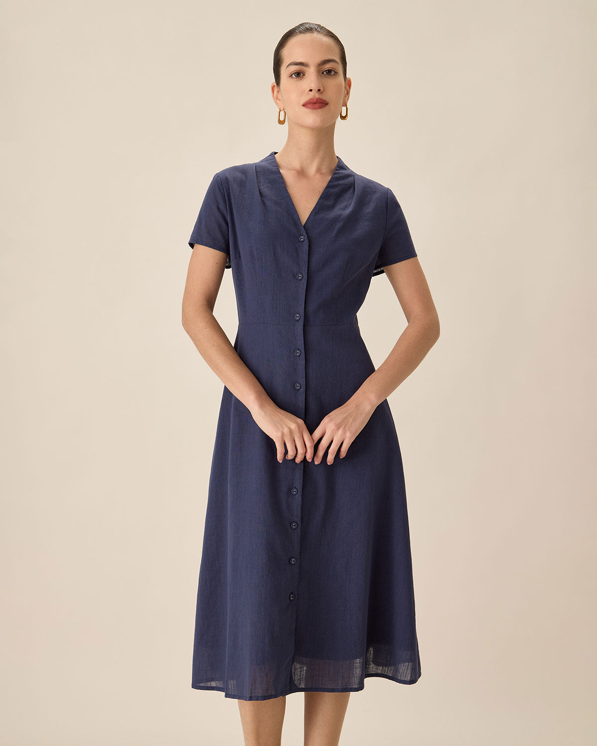 Navy Collared Button Midi Dress Affordable Cheap Online