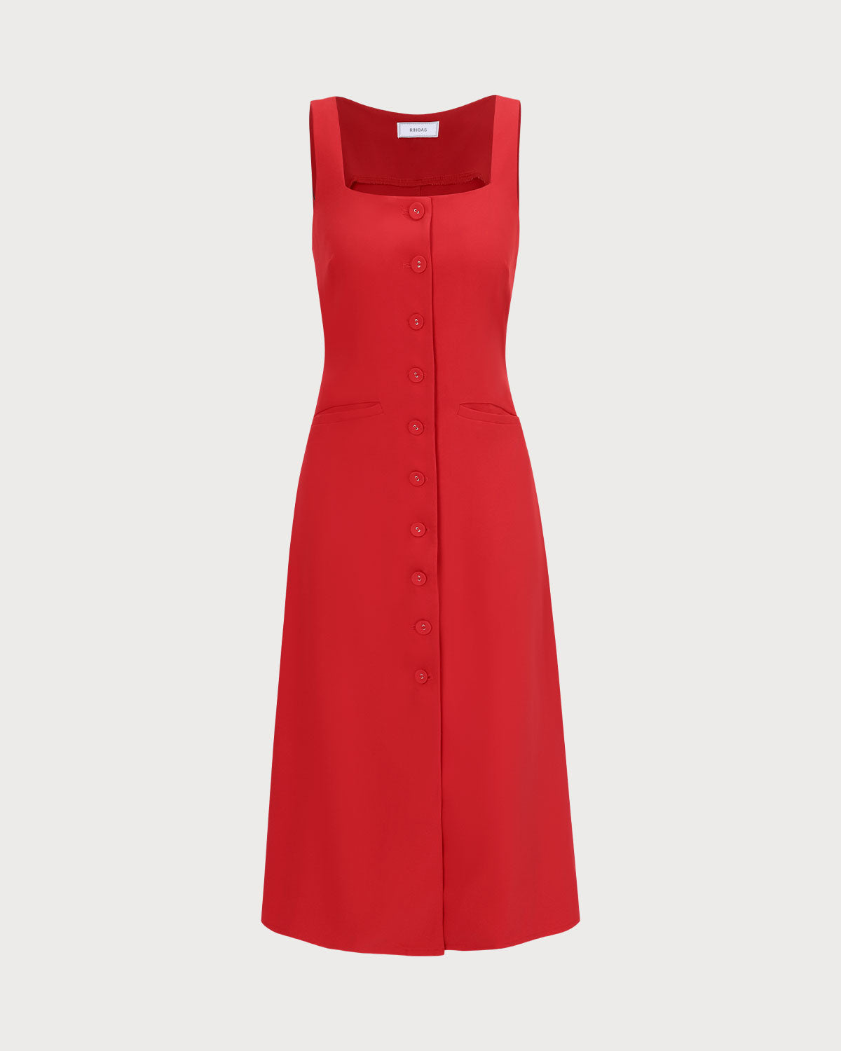 The Red Square Neck Pocket Midi Dress Outlet 2025 New