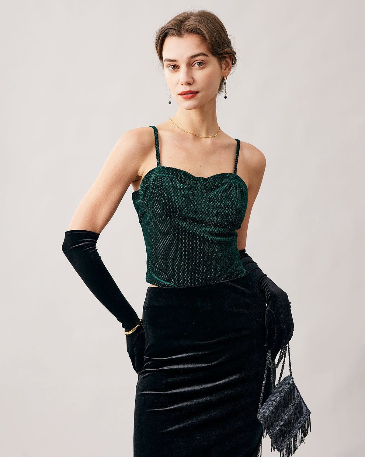 The Green Sweetheart Neck Velvet Crop Cami Top With Paypal