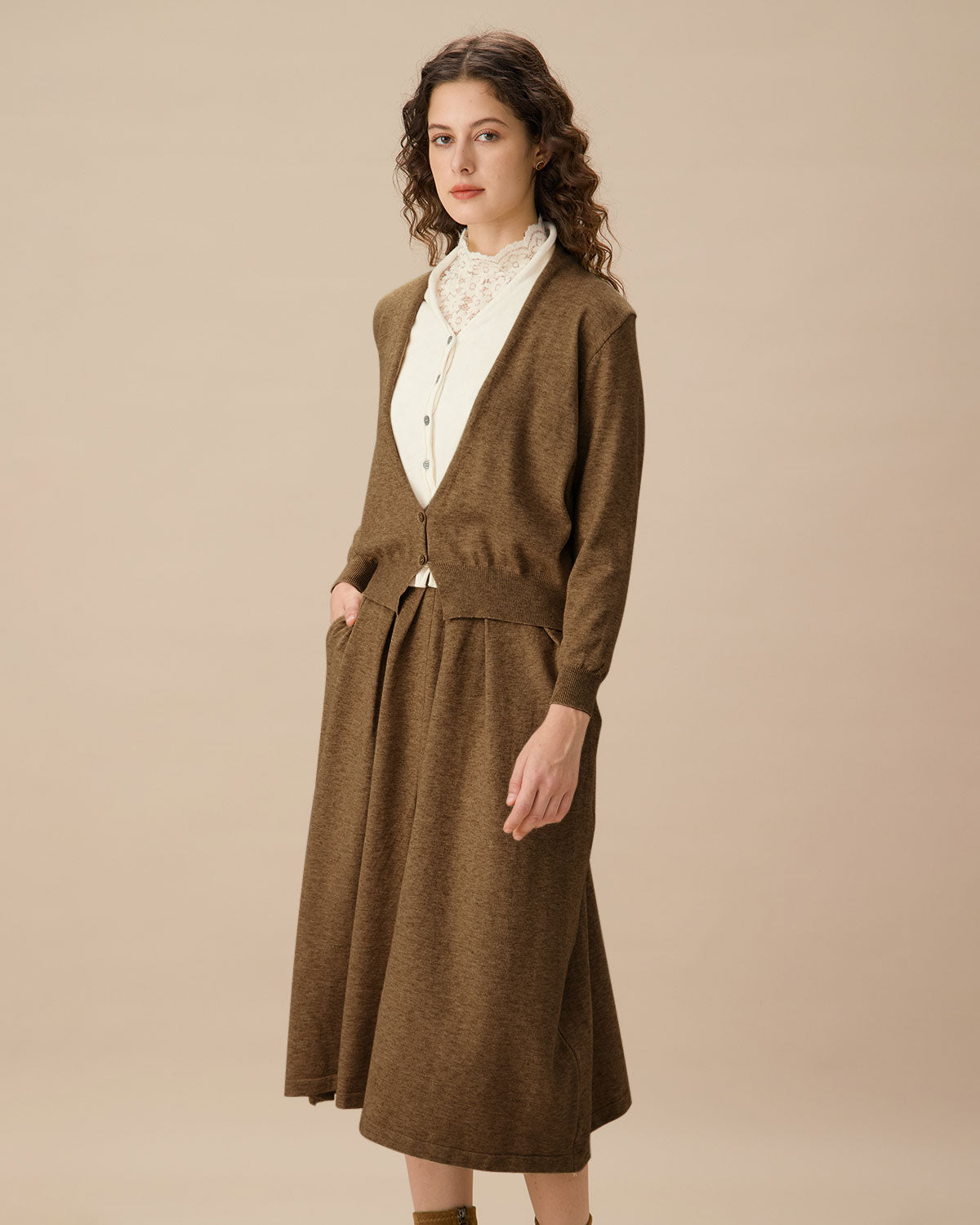 Brown V Neck Cardigan Skirt Set Cheap Sale Big Discount