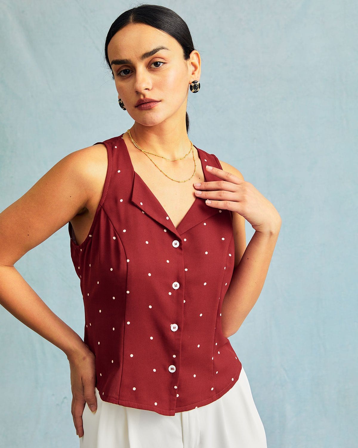 The Red V Neck Polka Dot Print Sleeveless Vest Reliable Online