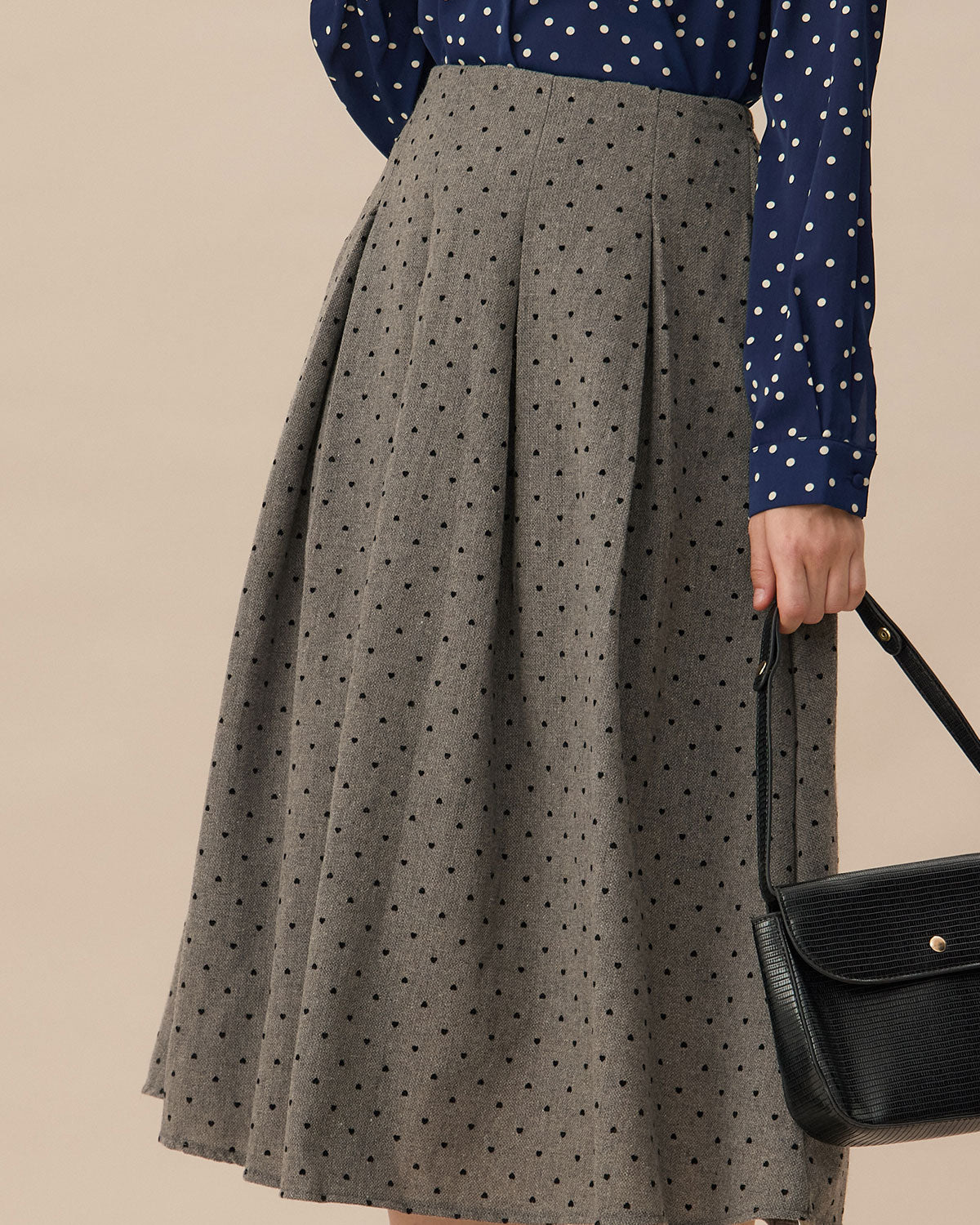 Grey Polka Dot Pleated Midi Skirt Buy Cheap Shop