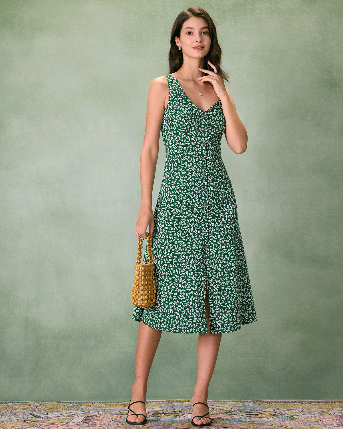 The Green V Neck Floral Button Midi Dress Buy Cheap 2025