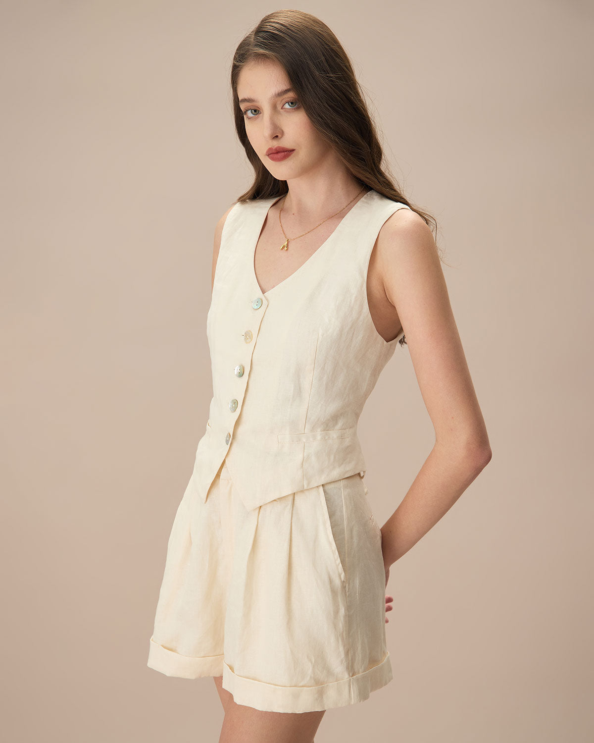 The Apricot V Neck Button-Up Linen Vest Discount Pay With Paypal