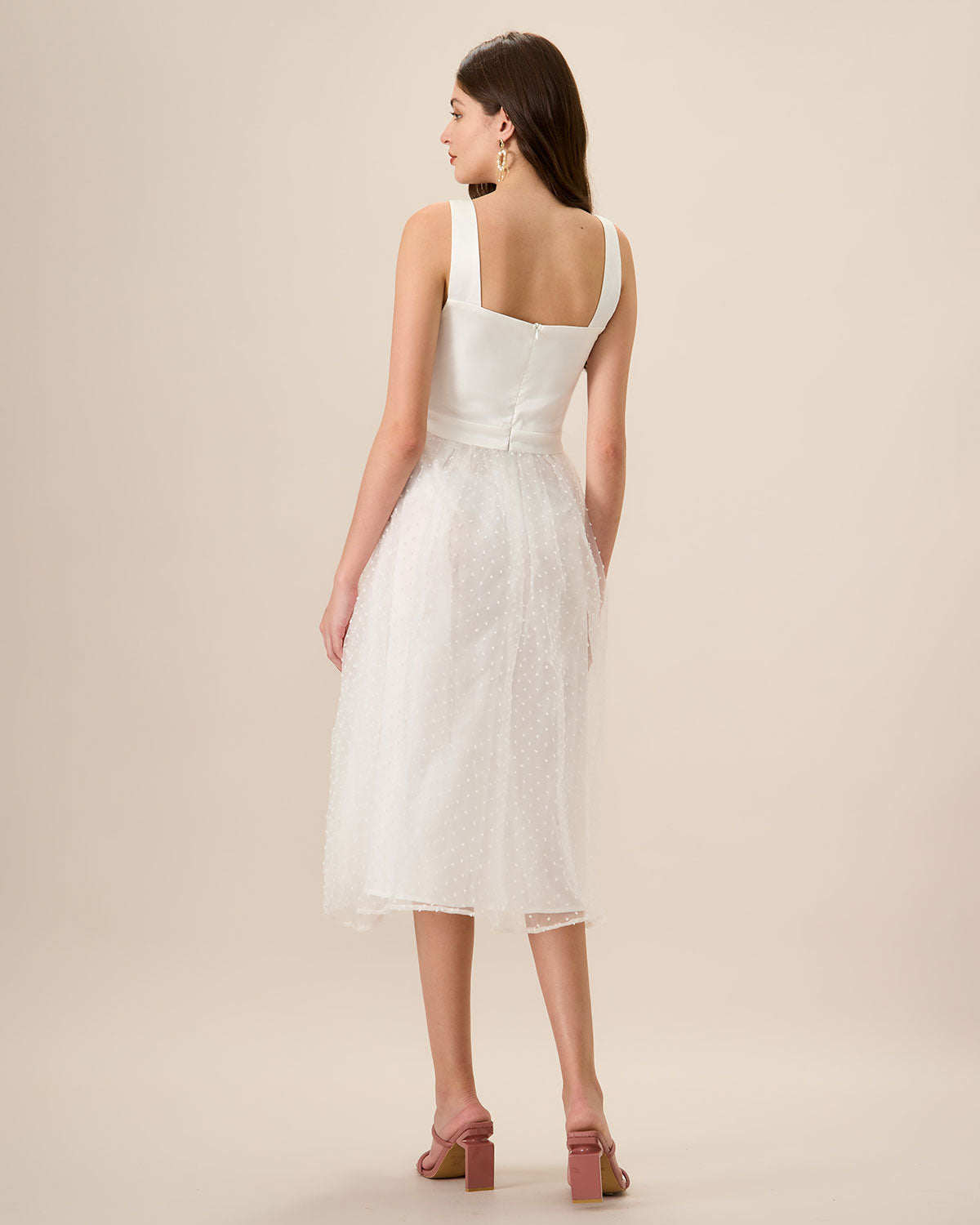 Women's White See-Through Splicing Midi Dress