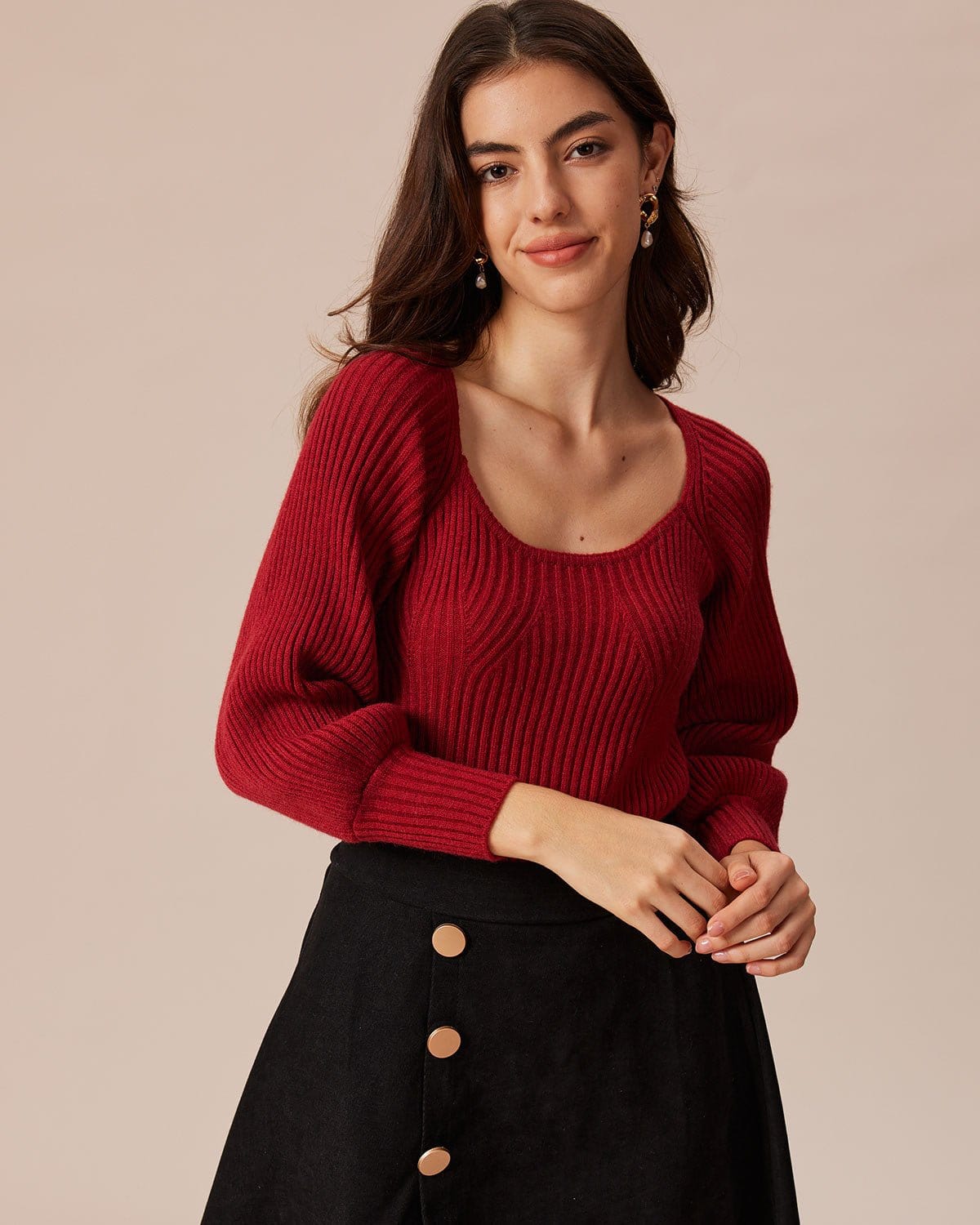 The Red Scoop Neck Lantern Sleeve Sweater Discounts