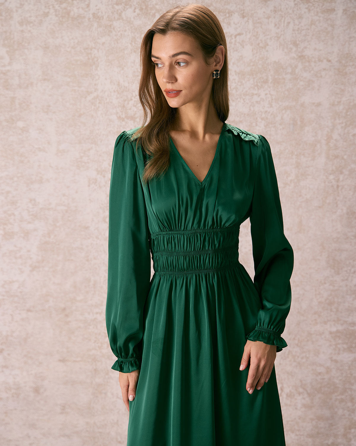 The Green V Neck Ruched Satin Midi Dress Outlet