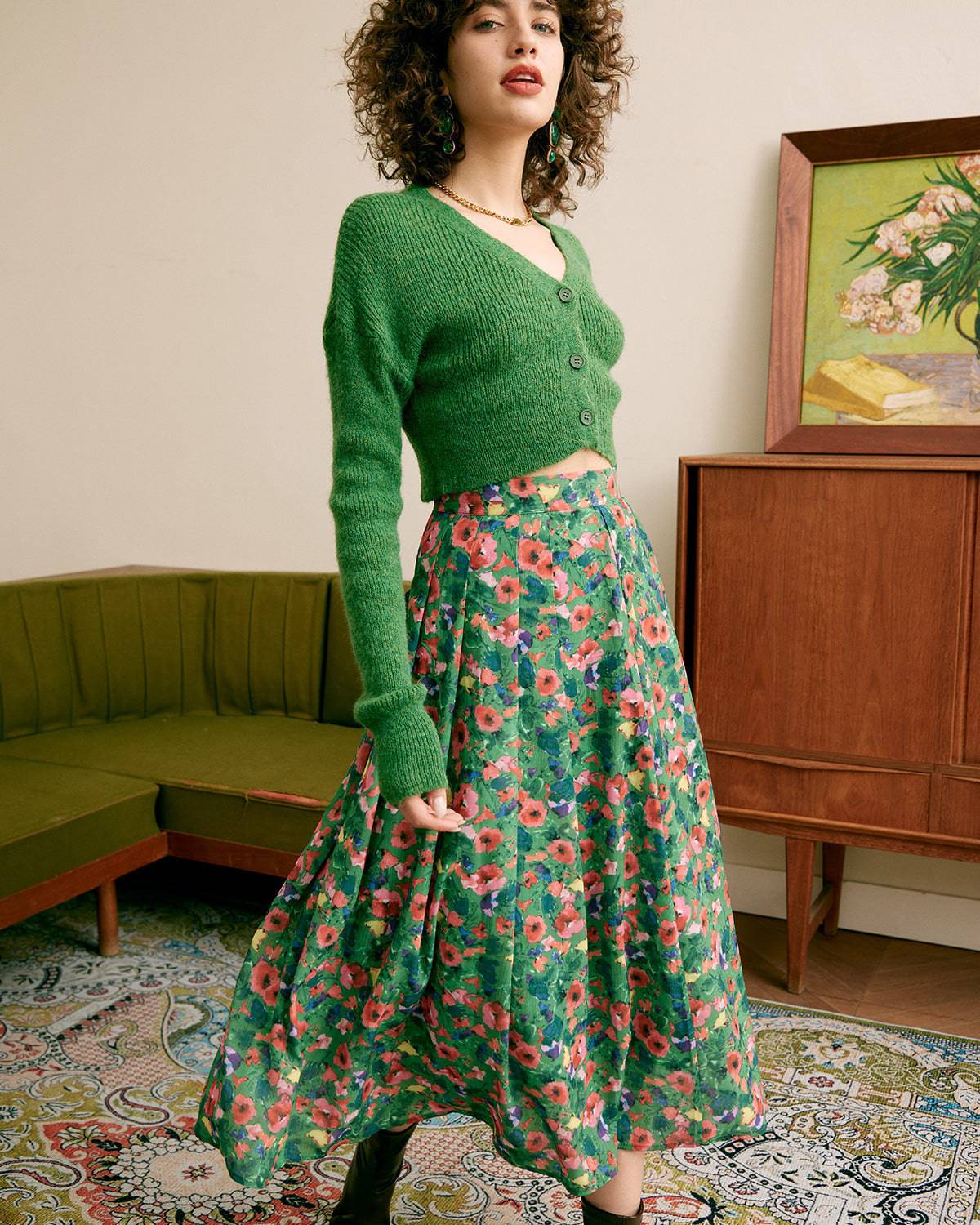 The Green Pleated Floral Skirt 2025 Cheap Online